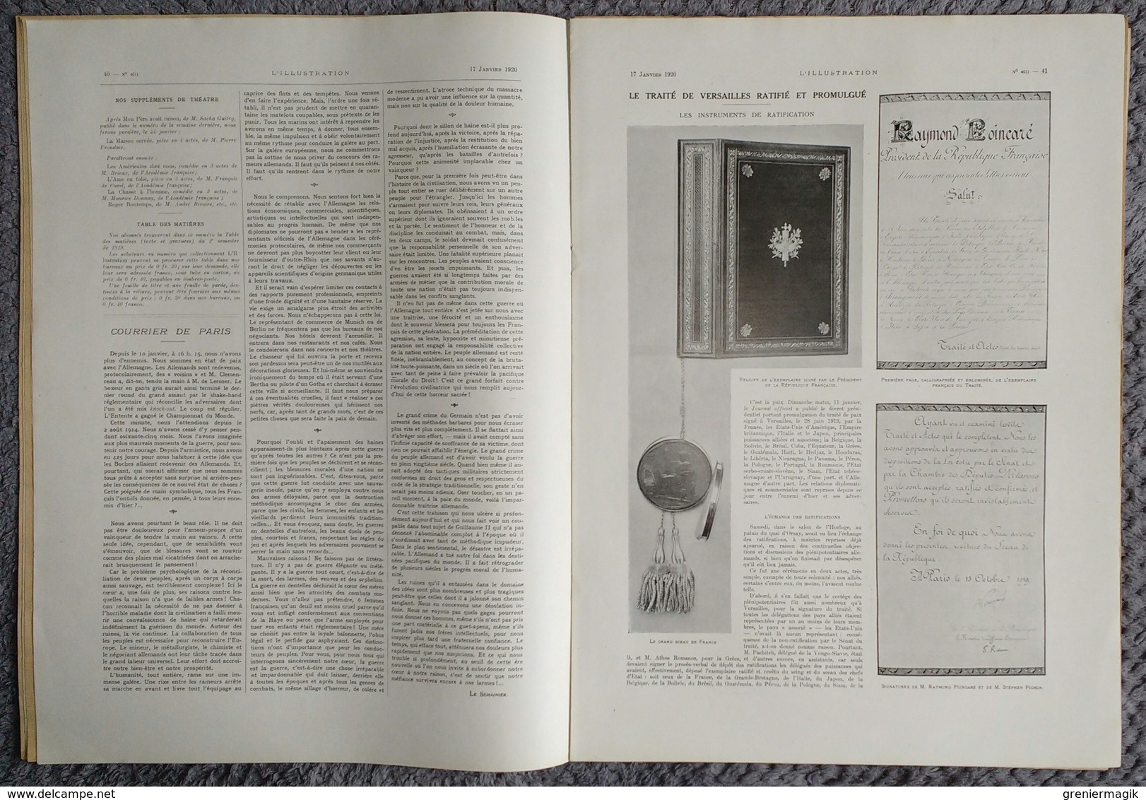L'Illustration 4011 17 janvier 1920 Traité de Versailles ratifié/Napoléon Bonaparte/Naufrage paquebot Afrique/Louvre