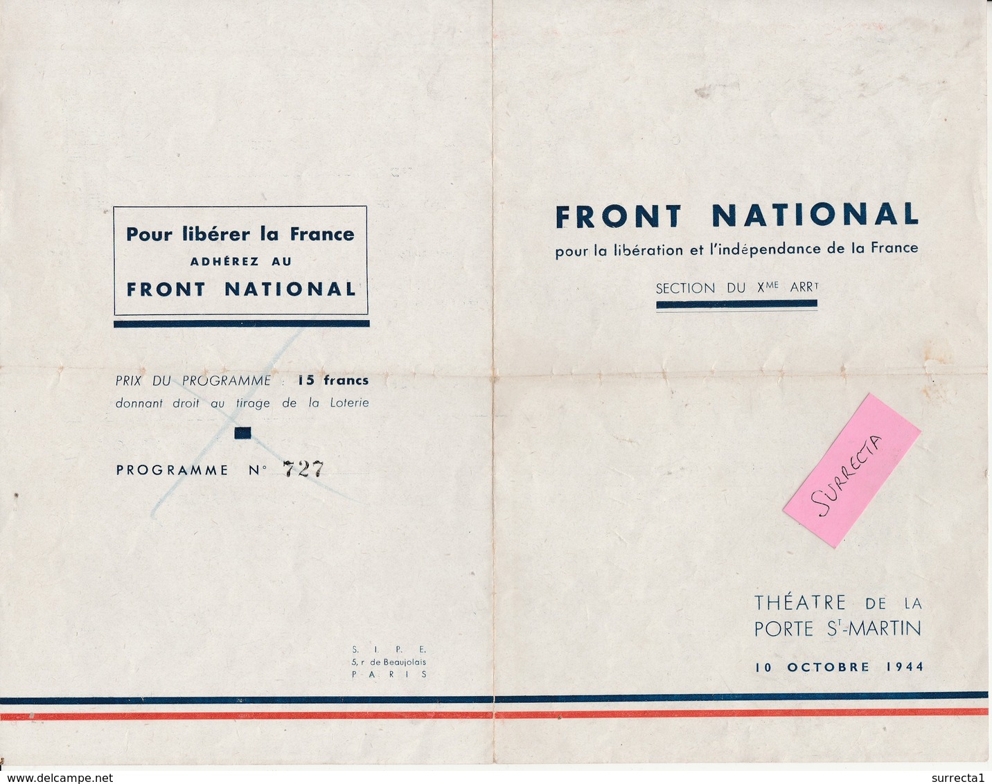1944 /Grand Gala Théâtre St Martin / Pour Prisonniers Victimes Nazisme / Front National / Fernandel, Piaf, Jean Weber... - 1939-45