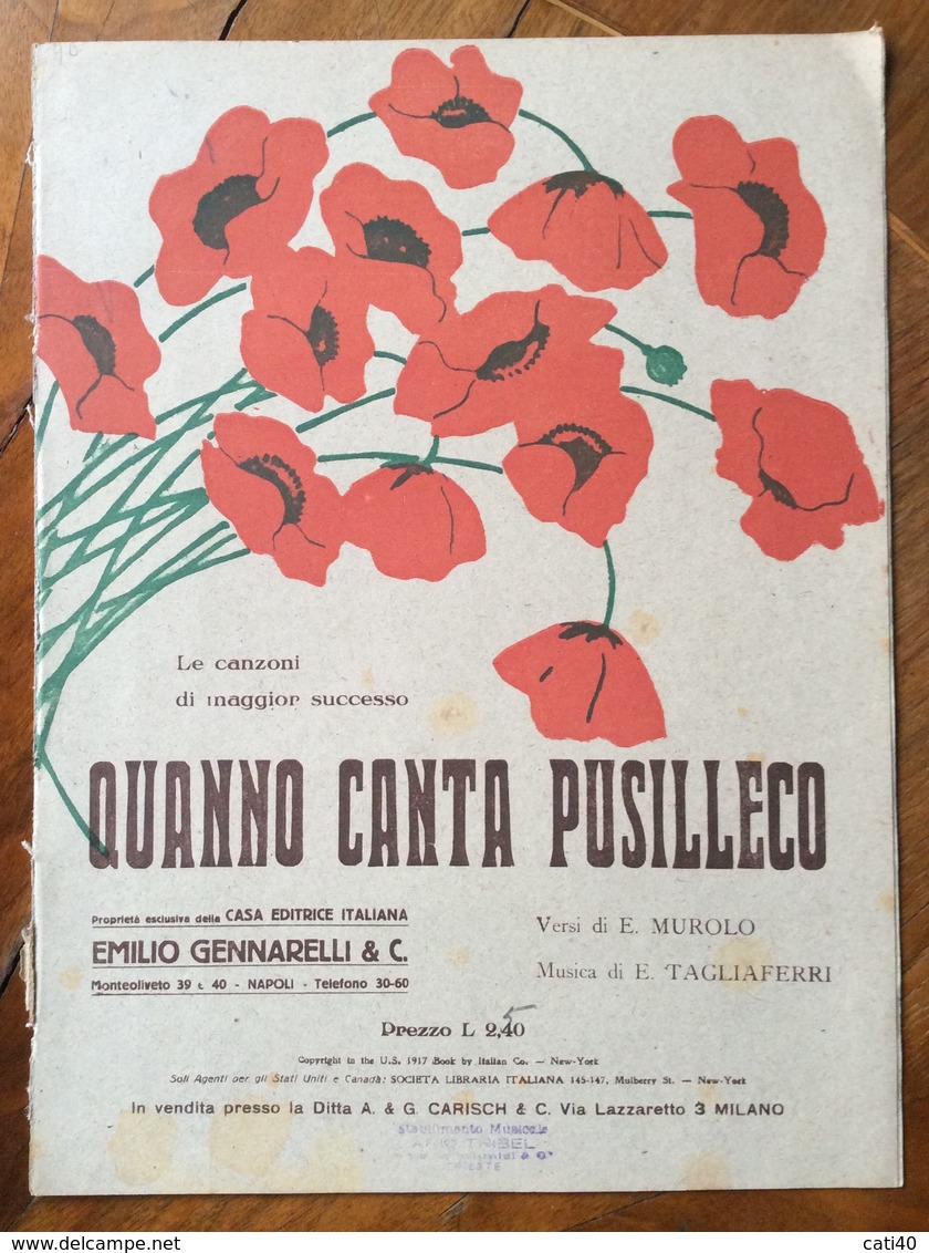 SPARTITO MUSICALE VINTAGE QUANNO CANTA PUSILLECO Di Murolo-Tagliaferri   ED. EMILIO GENNARELLI & C.NAPOLI - Musique Folklorique