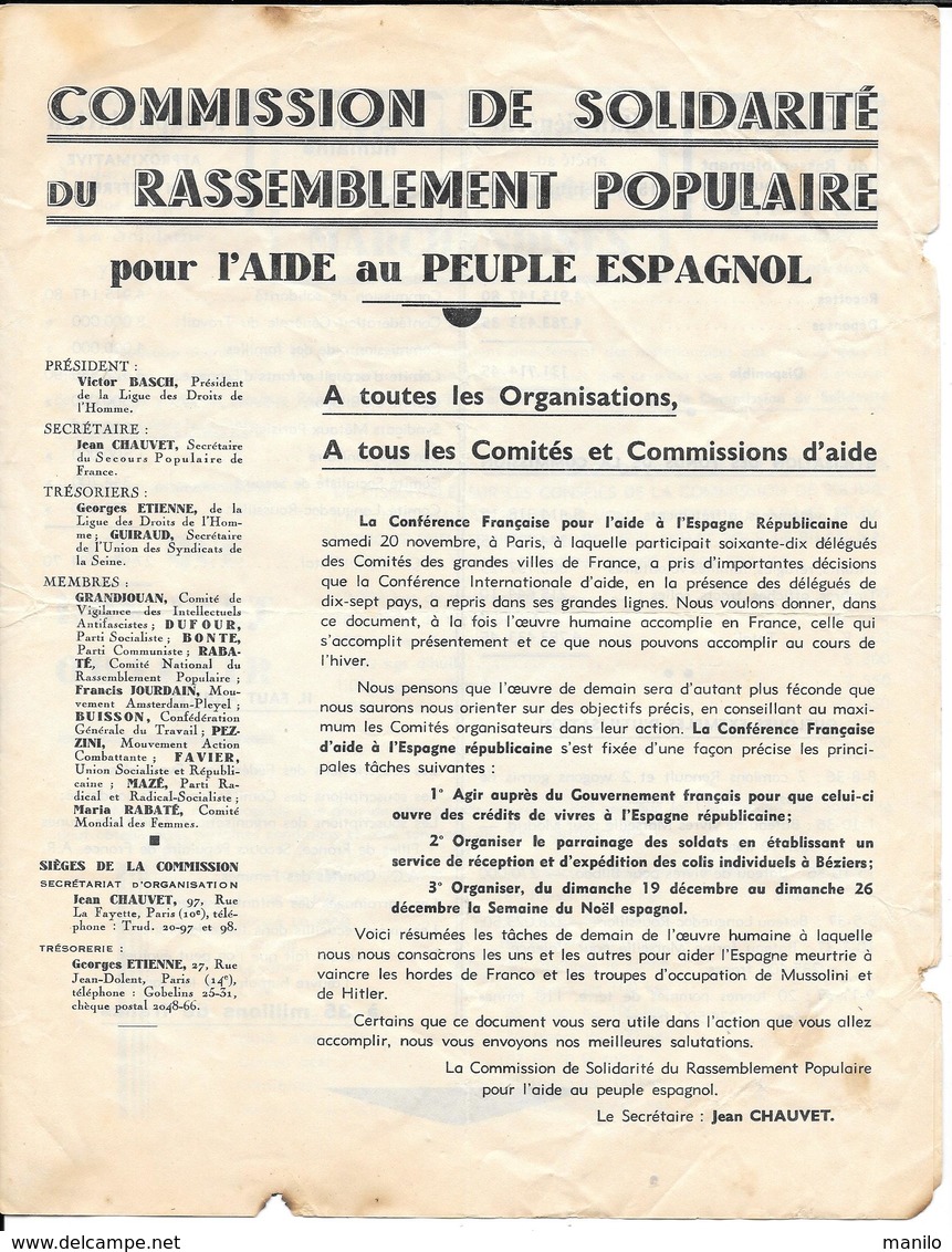 GUERRE D'ESPAGNE - COMMISSION DE SOLIDARITE Du RASSEMBLEMENT POPULAIRE Pour L'AIDE Au PEUPLE ESPAGNOL 1936/38 - Documents Historiques