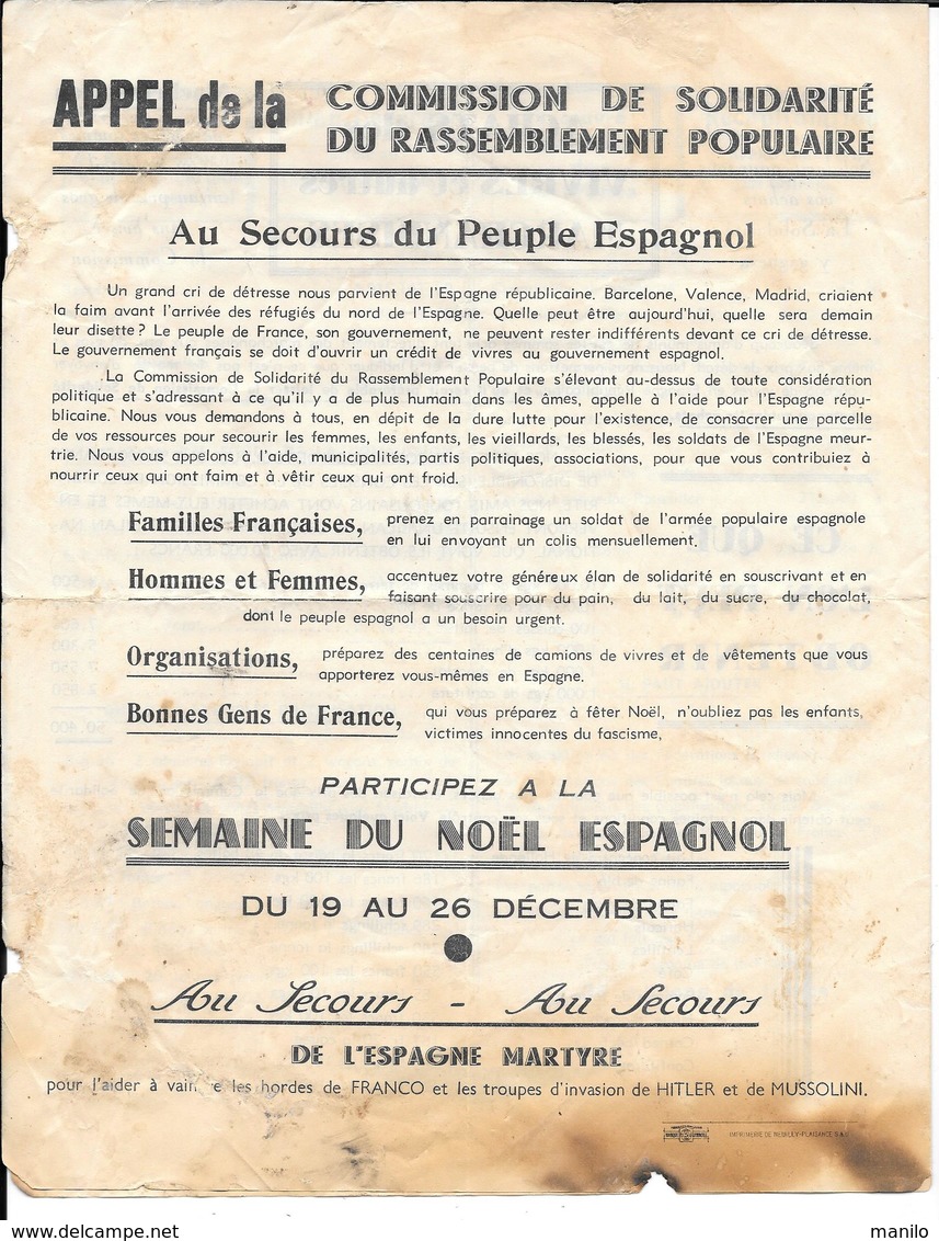 GUERRE D'ESPAGNE - COMMISSION DE SOLIDARITE Du RASSEMBLEMENT POPULAIRE Pour L'AIDE Au PEUPLE ESPAGNOL 1936/38 - Documents Historiques