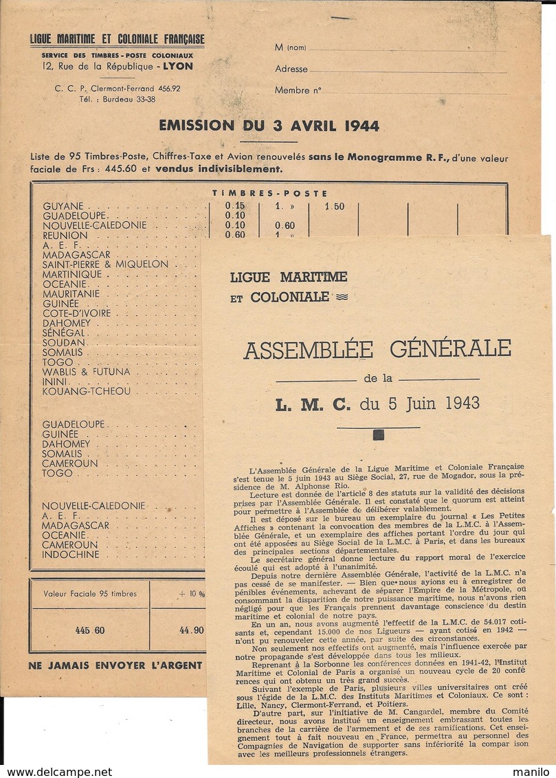 2 Documents LIGUE MARITIME Et COLONIALE FRANCAISE  -ASSEMBLEE GENERALE 1943 Et EMISSION DU 3/4/1944 - Documents Historiques