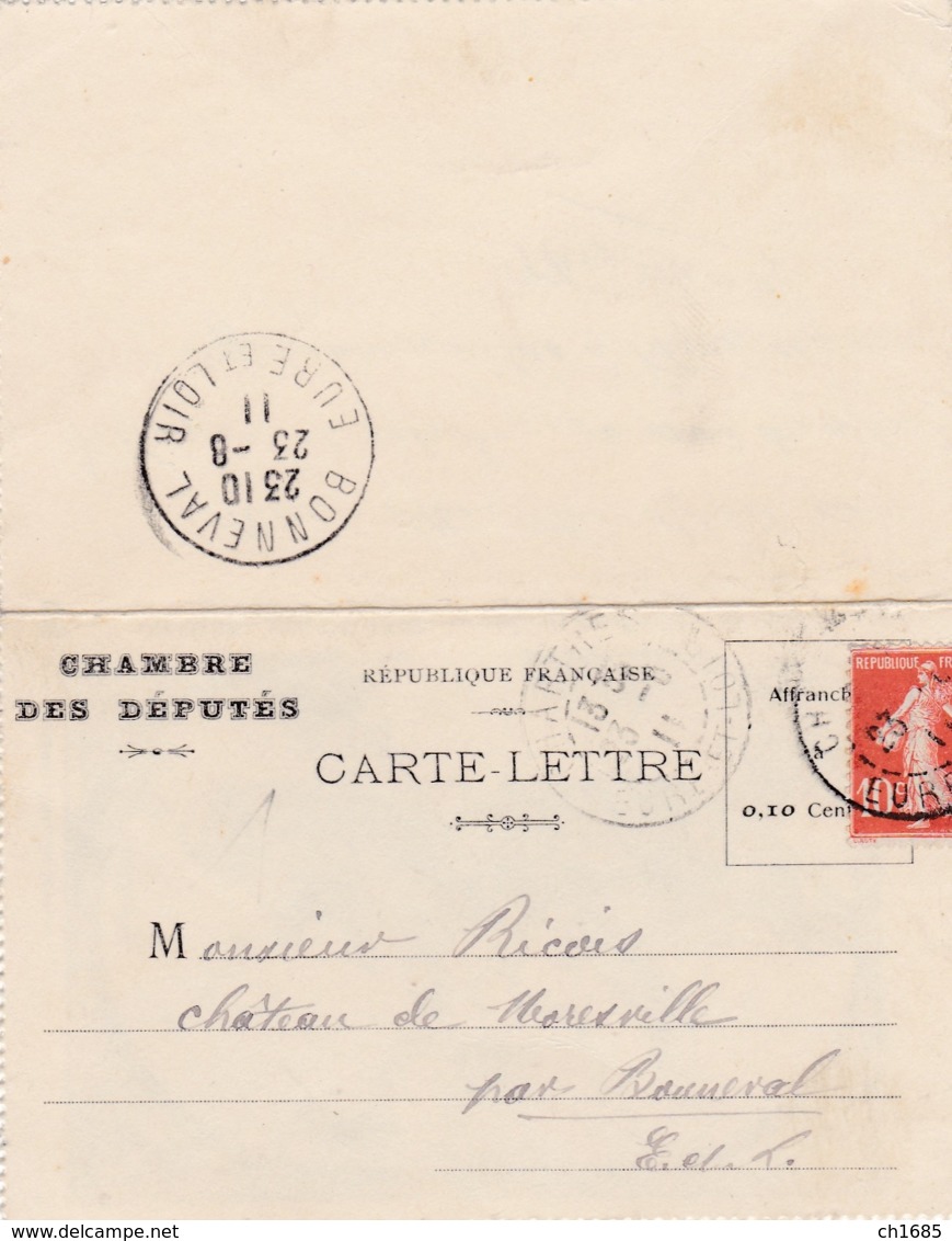 Demie Semeuse 10c Rouge Sur Carte Lettre  Chambre Des Députés - 1877-1920: Période Semi Moderne