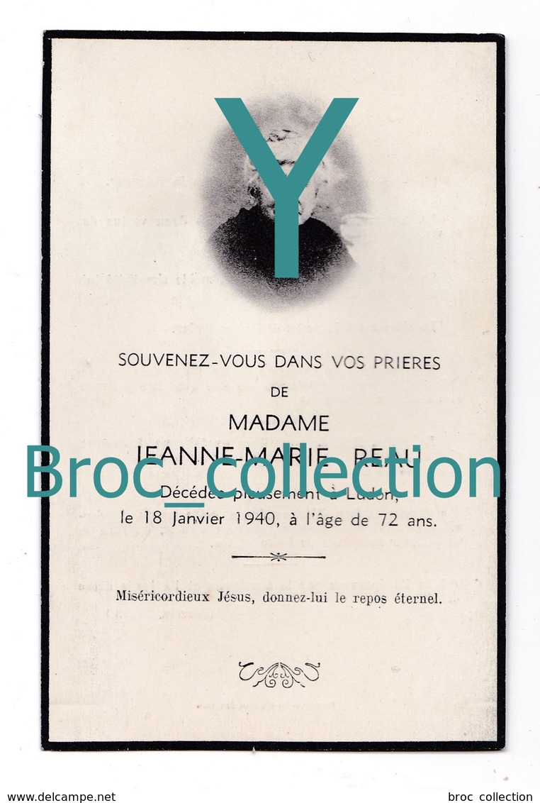 Ludon-Médoc, Mémento De Mme Jeanne-Marie Reau, 18/01/1940, 72 Ans, Souvenir Mortuaire Avec Photo - Images Religieuses
