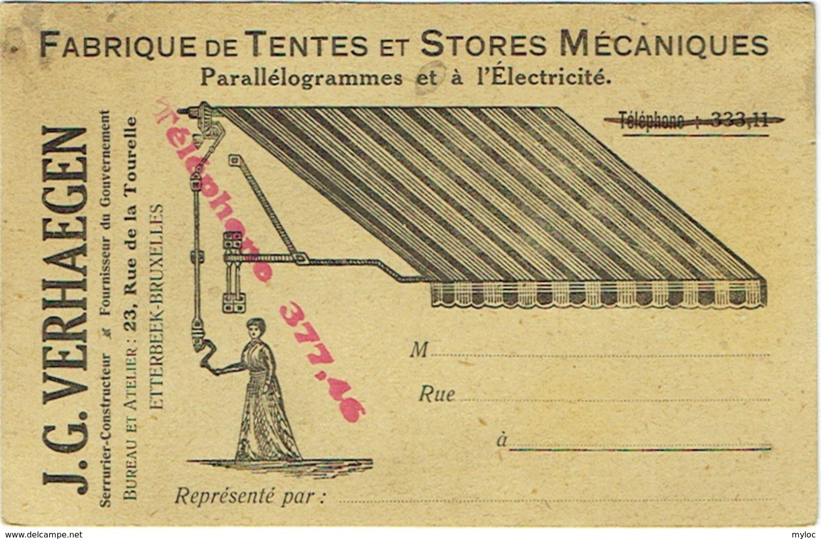 Carte Publicité. Etterbeek-Bruxelles. Stores Et Tentes Mécaniques Et Electricité. Verhaegen, Serrurier-Constructeur. - Publicité