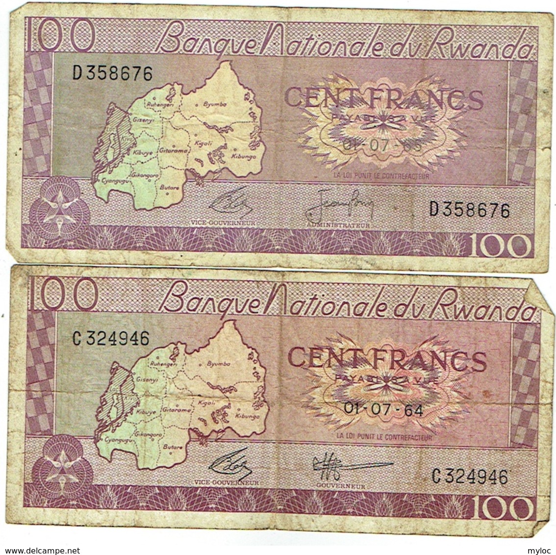 Billet. Rwanda. 100 Francs. Lot De 2 Billets. 1-7-1964 Et 1-7-1965 - Rwanda