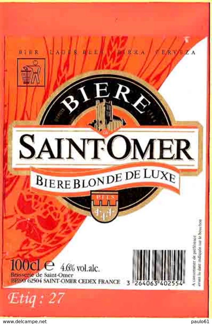 Etiquette De Biere :Biere Blonde De Saint OMER - Bière