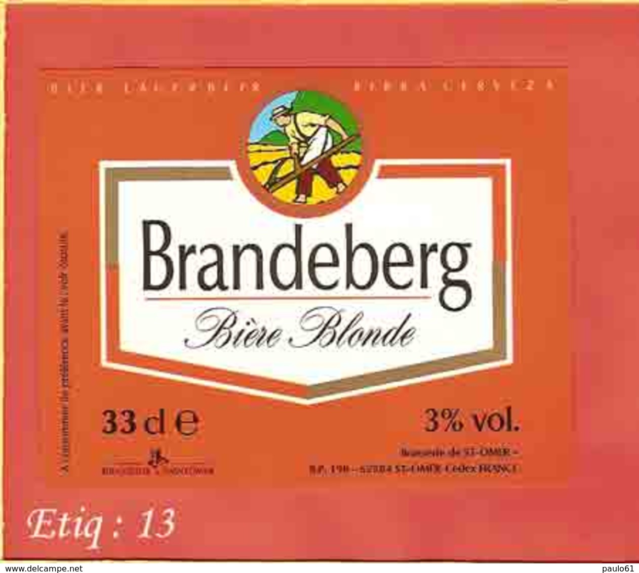 Etiquette De Biere :Brasserie De St Omer : Brandeberg - Bière