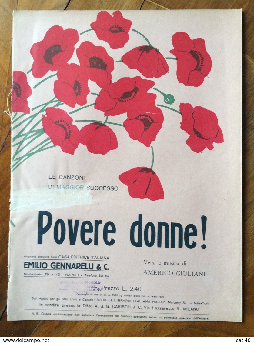 SPARTITO MUSICALE VINTAGE POVERE DONNE !  Di Americo Giuliani ED.EMILIO GENNARELLI & C. NAPOLI - Volksmusik