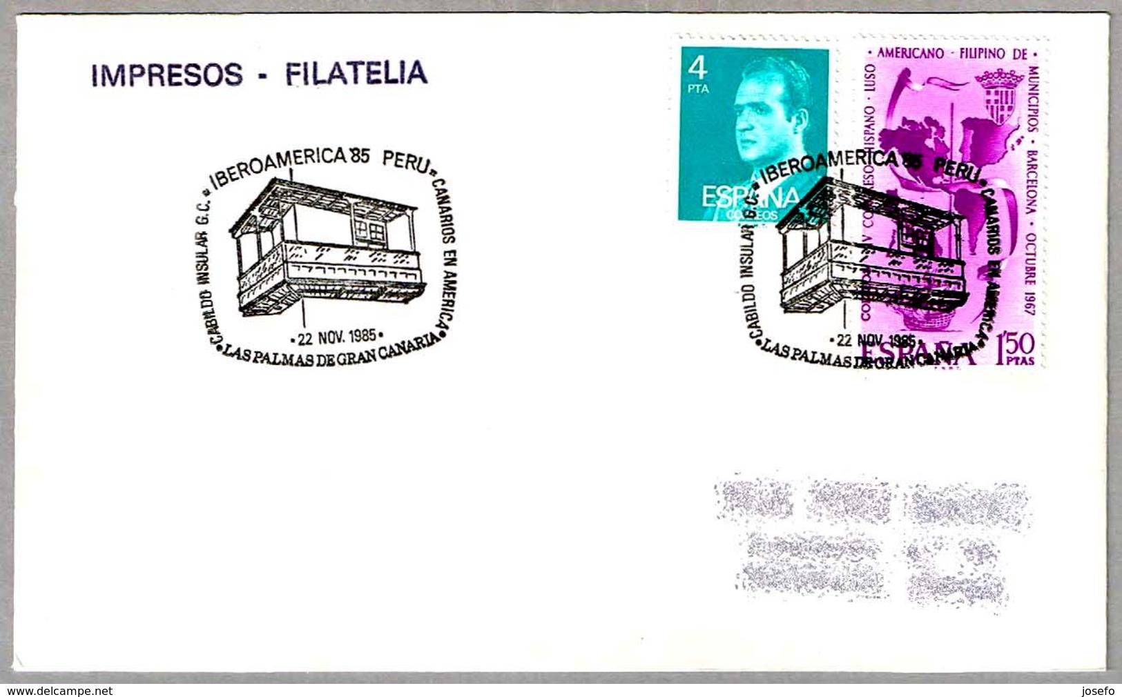 Matasellos IBEROAMERICA'85 PERU - CANARIOS EN AMERICA. Las Palmas G.C., Canarias, 1985 - Covers & Documents