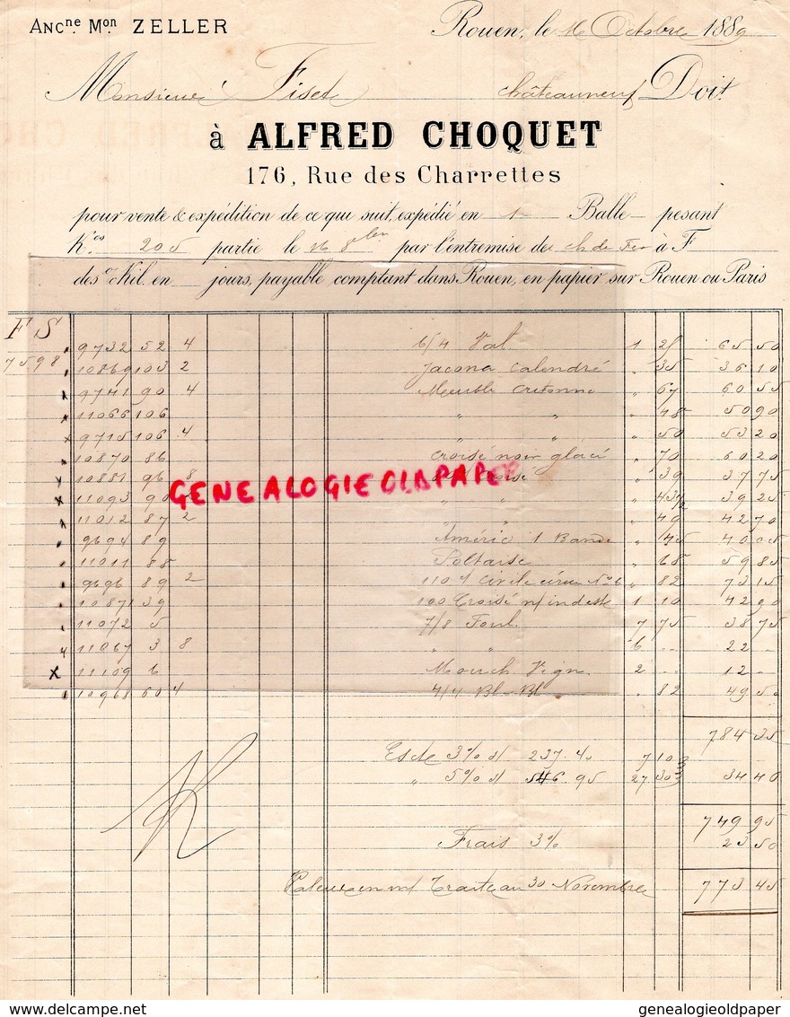 76- ROUEN- RARE DOUBLE FACTURE ALFRED CHOQUET-MAISON ZELLER- 176 RUE DES CHARRETTES- 1889 - 1800 – 1899