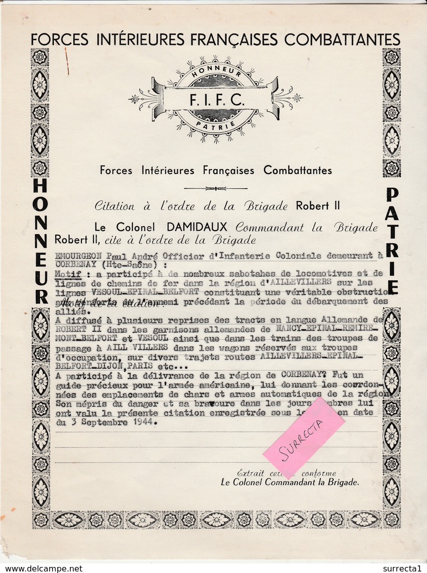 1944 / FIFC Forces Intérieures Françaises / ( Non FFI ) Citation Honneur Patrie / Emourgeon Sabotages - 1939-45