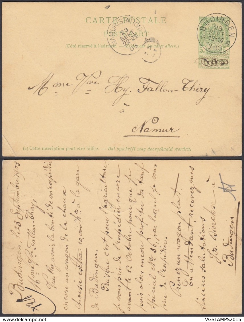 BELGIQUE EP 5c VERT  OBL RELAIS "BUDINGEN"23/09/1903 VERS NAMUR (DD) DC-2372 - Briefkaarten 1871-1909