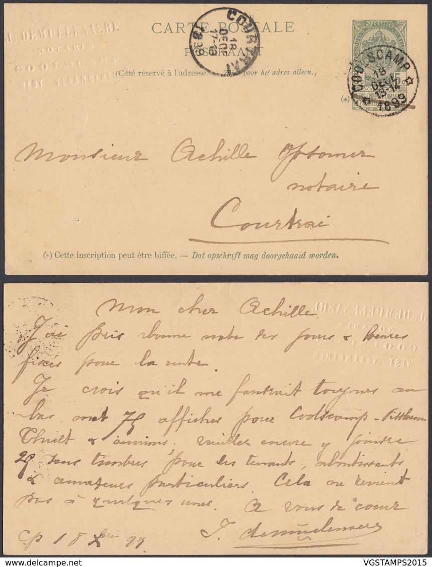 BELGIQUE EP 5c VERT  OBL RELAIS "COOLSCAMP" 18/12/1899 VERS COURTRAI (DD) DC-2374 - Briefkaarten 1871-1909