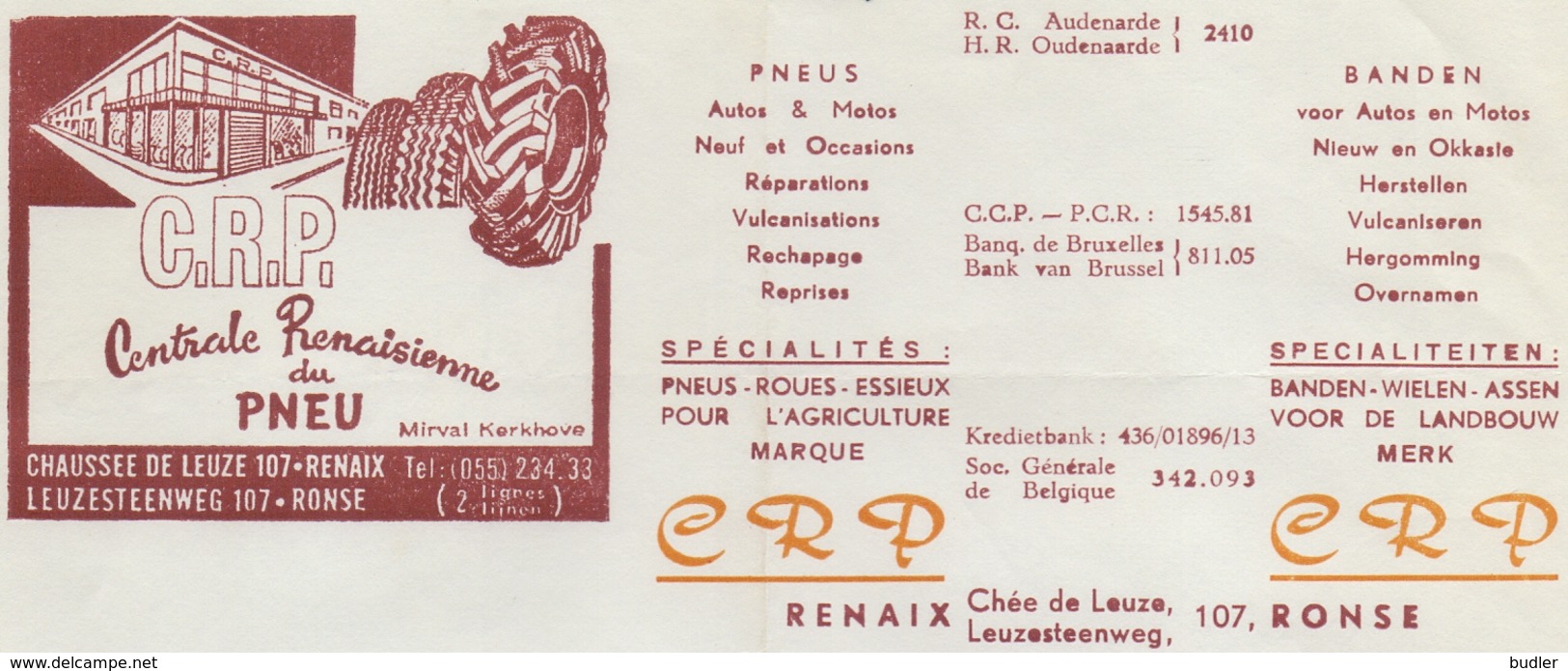 1967: Factuur Van/Facture De  ##Centrale Renaisienne Du Pneu (Mirval Kerkhove), Renaix/Ronse##  Aan/à Brouwerij HAUSPIE, - Automobilismo