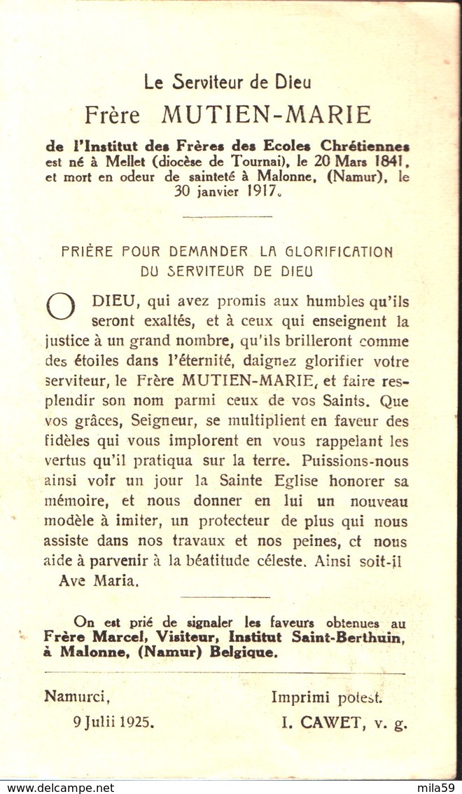 Souvenir De Frère Mutien Institut Des Frères Des Ecoles Chrétiennes 1841-1914. Né à Mellet En 1841. - Religion & Esotérisme