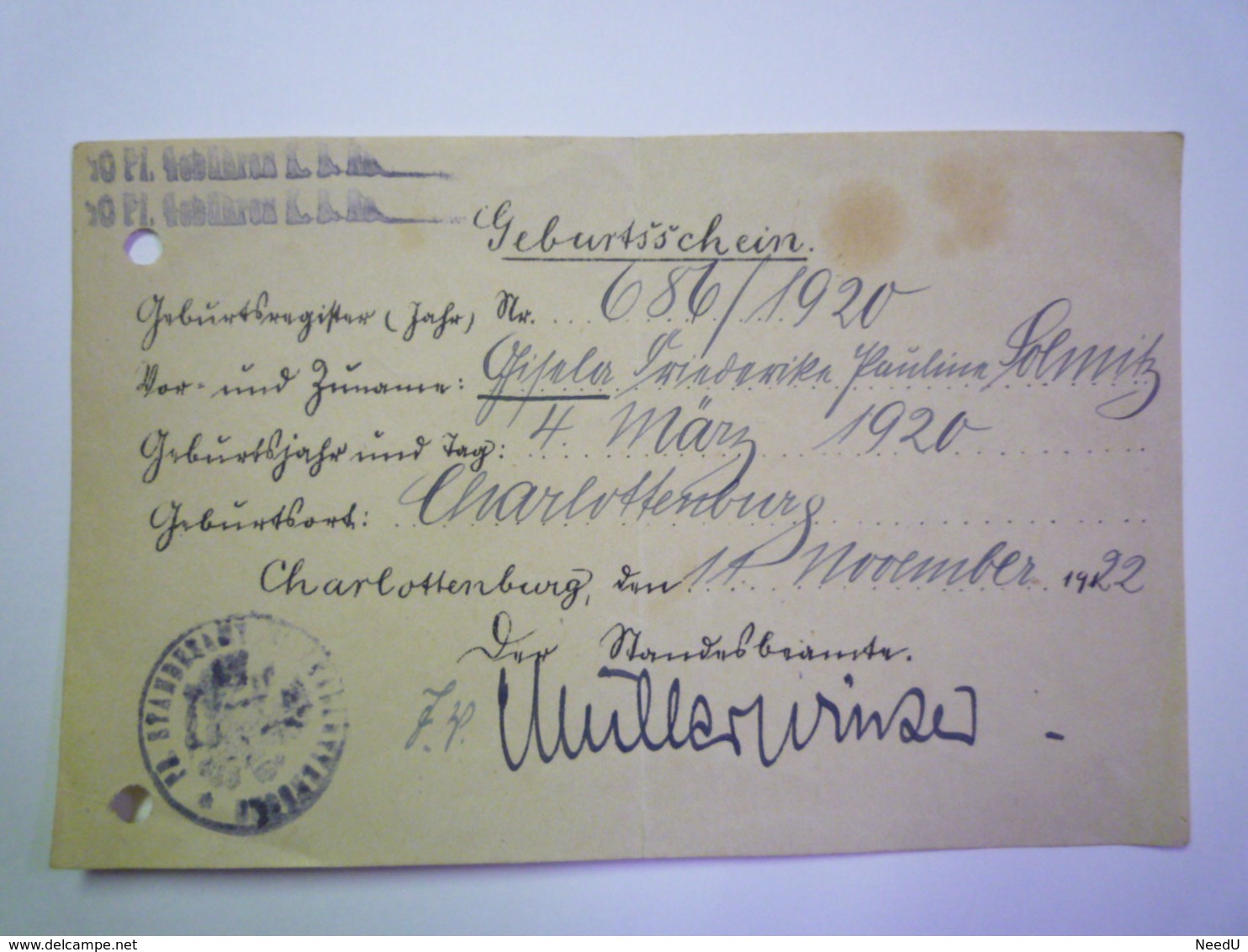 GP 2019 - 625  GEBURTSSCHEIN  Charlottenburg  1922   XXX - Sin Clasificación