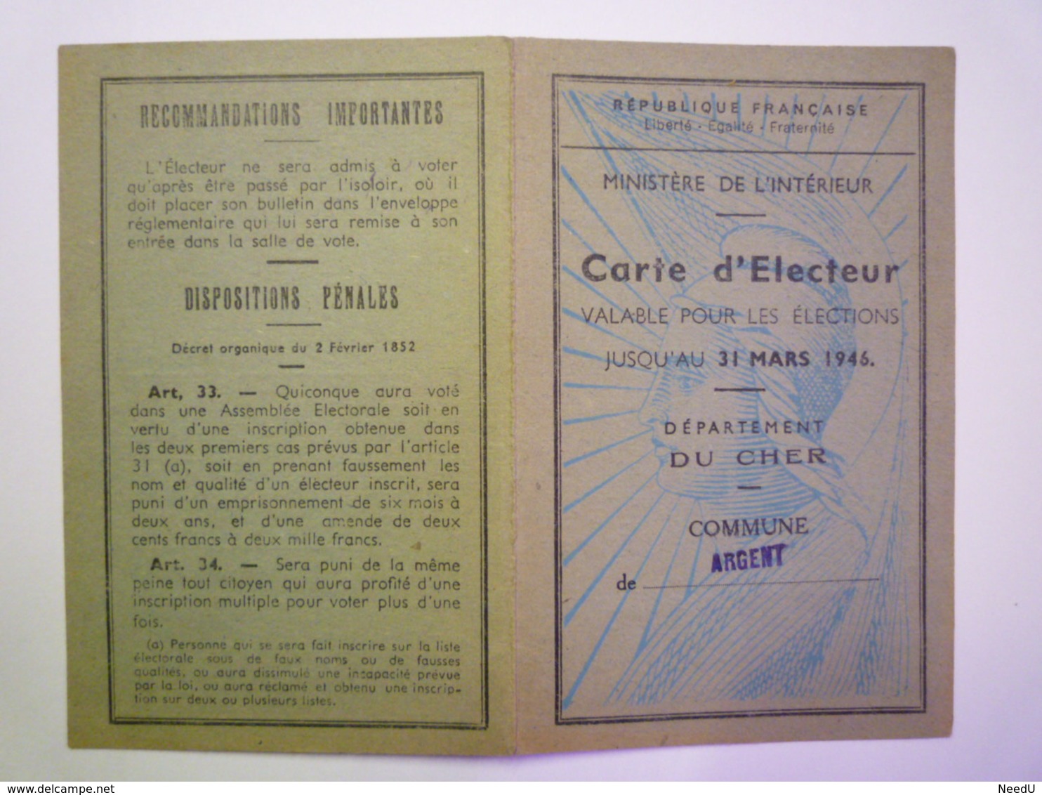 GP 2019 - 626  CARTE D'ELECTEUR  -  ARGENT-sur-SAULDRE  (Cher)  1946   XXX - Unclassified