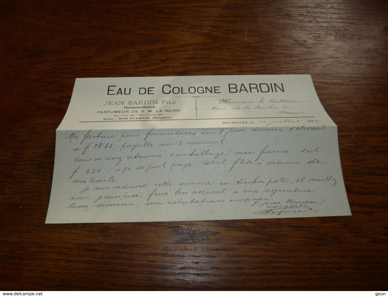 FF6  Document Commercial  Eau De Cologne Bardin Jean Bardin & Fils Bruxelles Pharmacien Parfumeur De S.M. La Reine 1899 - 1950 - ...