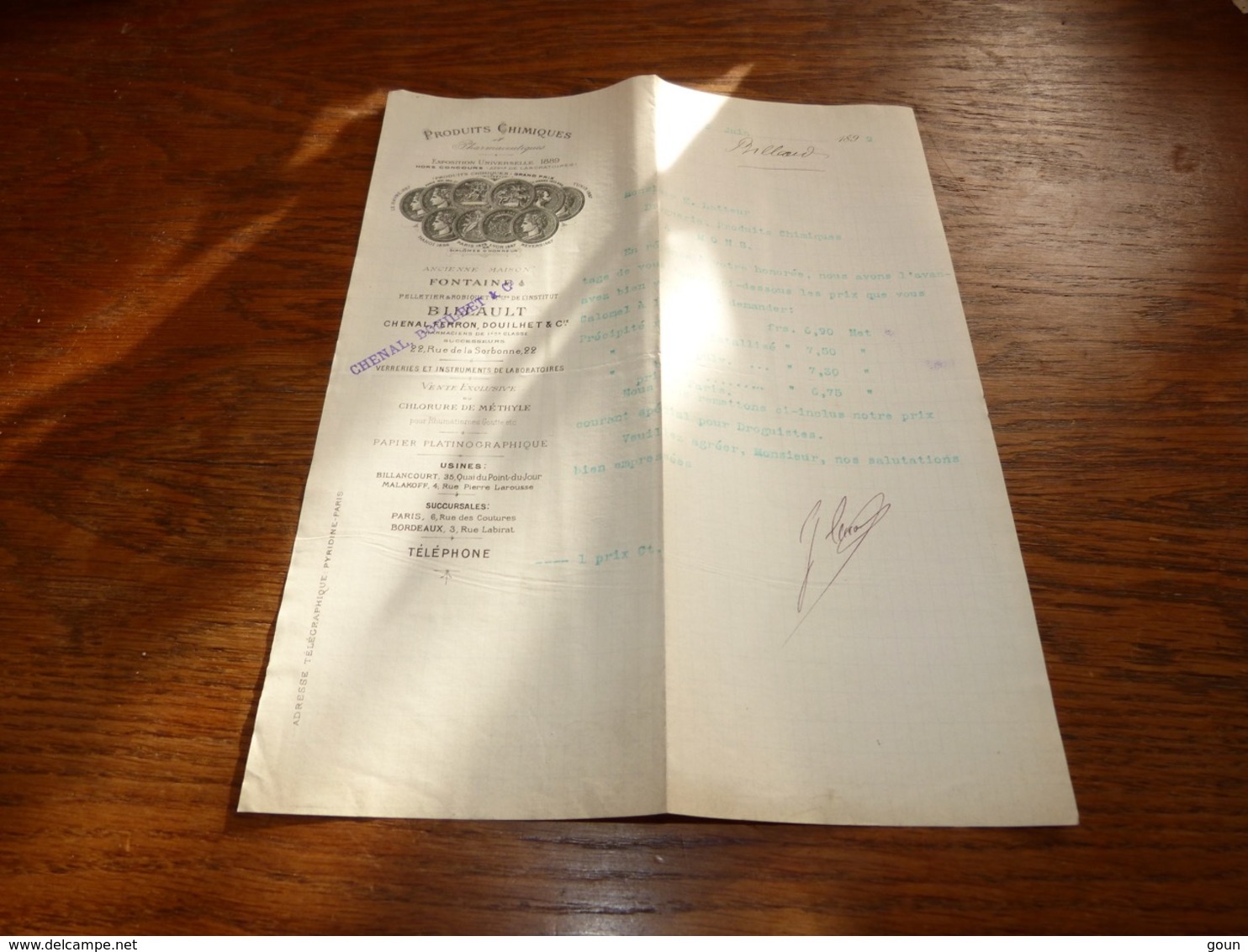 Document  Commercial Facture Billault Chenal Douilhet Paris 1899  Prod. Chimiques Et Pharmaceutiques - 1950 - ...