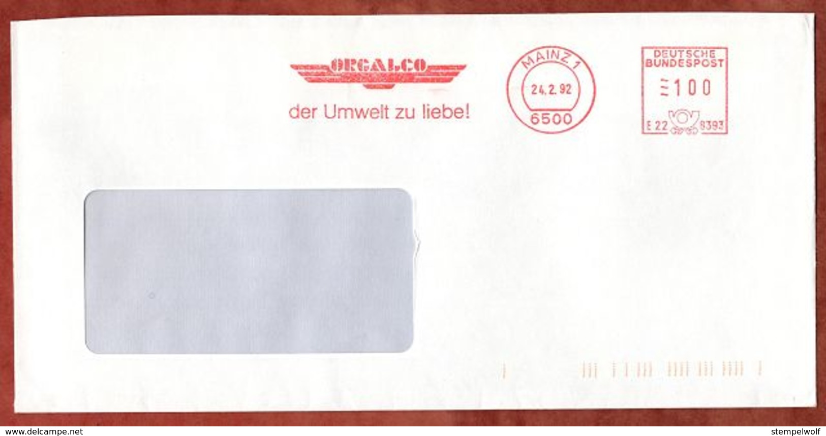 Brief, Pitney Bowes E22-8393, Orgalco, 100 Pfg, Mainz 1992 (70889) - Maschinenstempel (EMA)