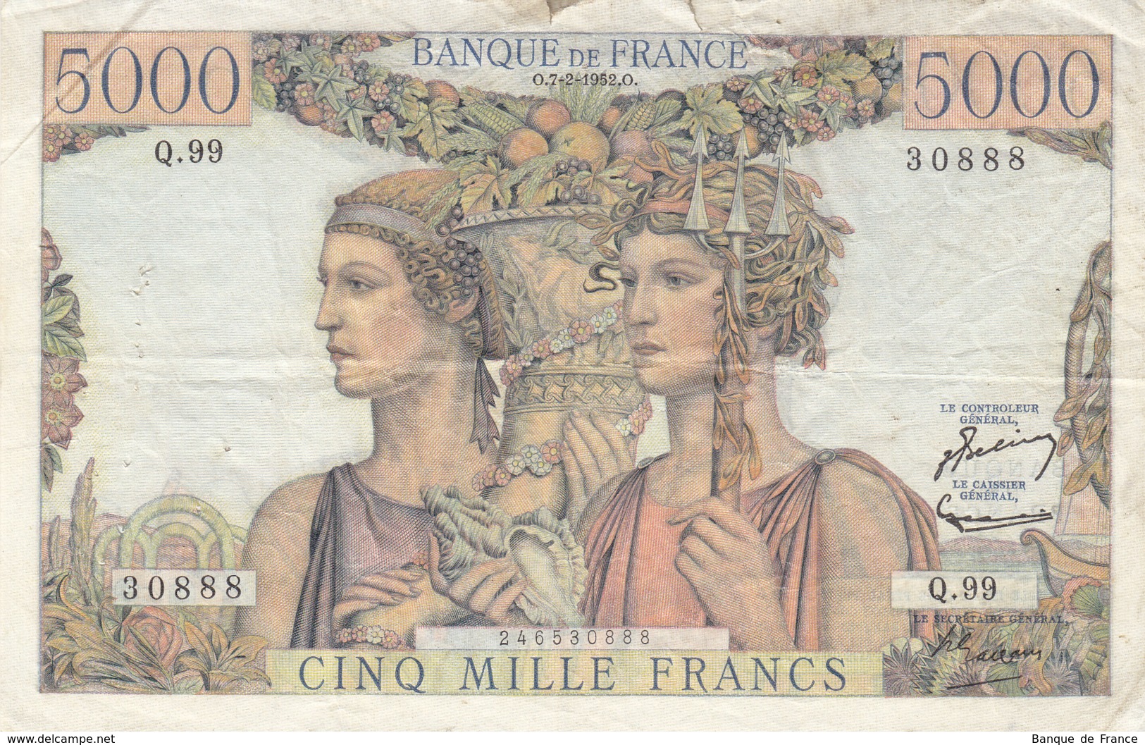 Billet 5000 F Terre Et Mer Du 7-2-1952 FAY 48.06 Alph. Q.99 - 5 000 F 1949-1957 ''Terre Et Mer''