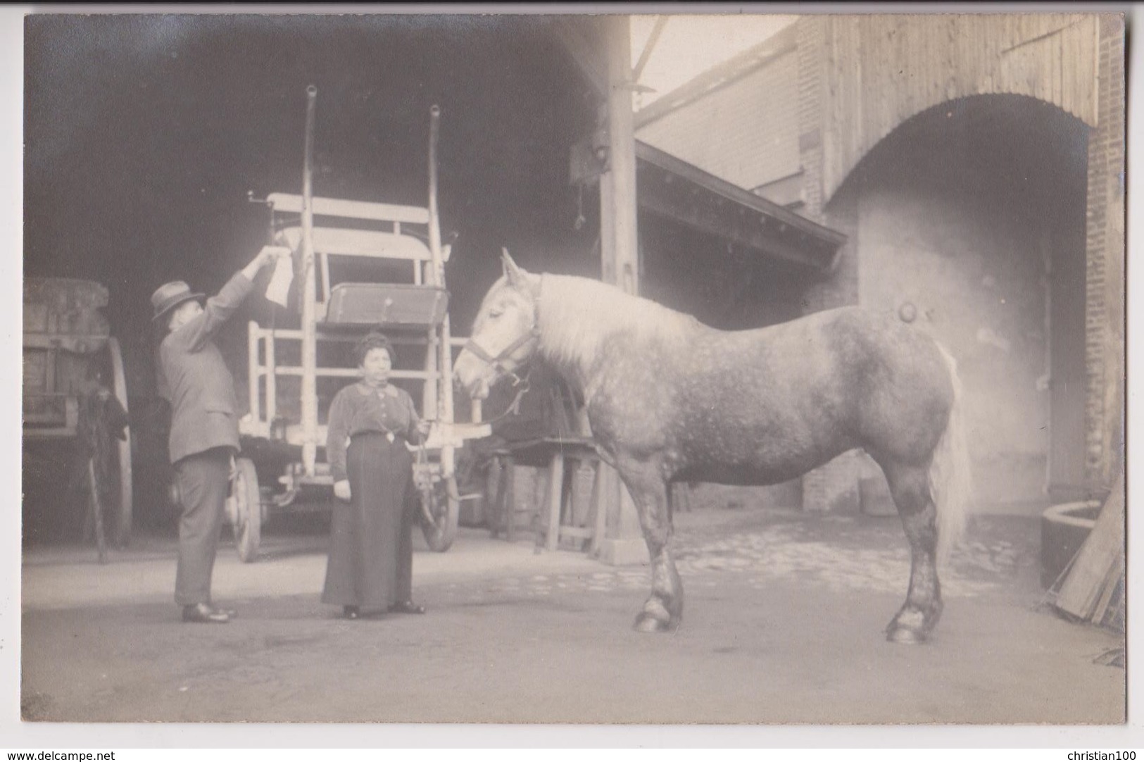 CARTE PHOTO : DANS UN HANGAR D'UNE COUR DE FERME - UN CHEVAL ET DIFFERENTS ATTELAGES - PAYSANS - 2 SCANS - Attelages