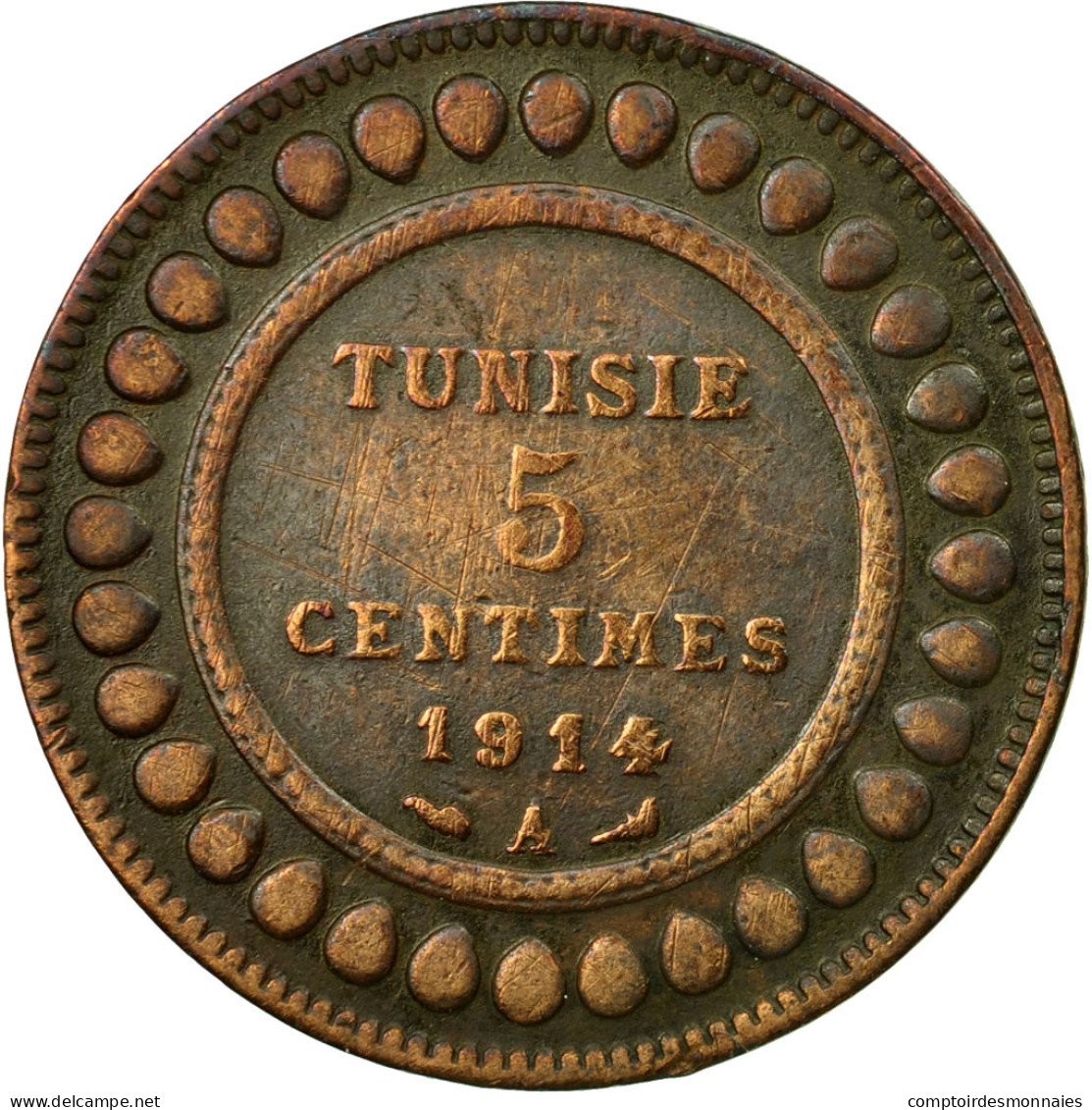 Monnaie, Tunisie, Muhammad Al-Nasir Bey, 5 Centimes, 1914, Paris, TB, Bronze - Tunisie