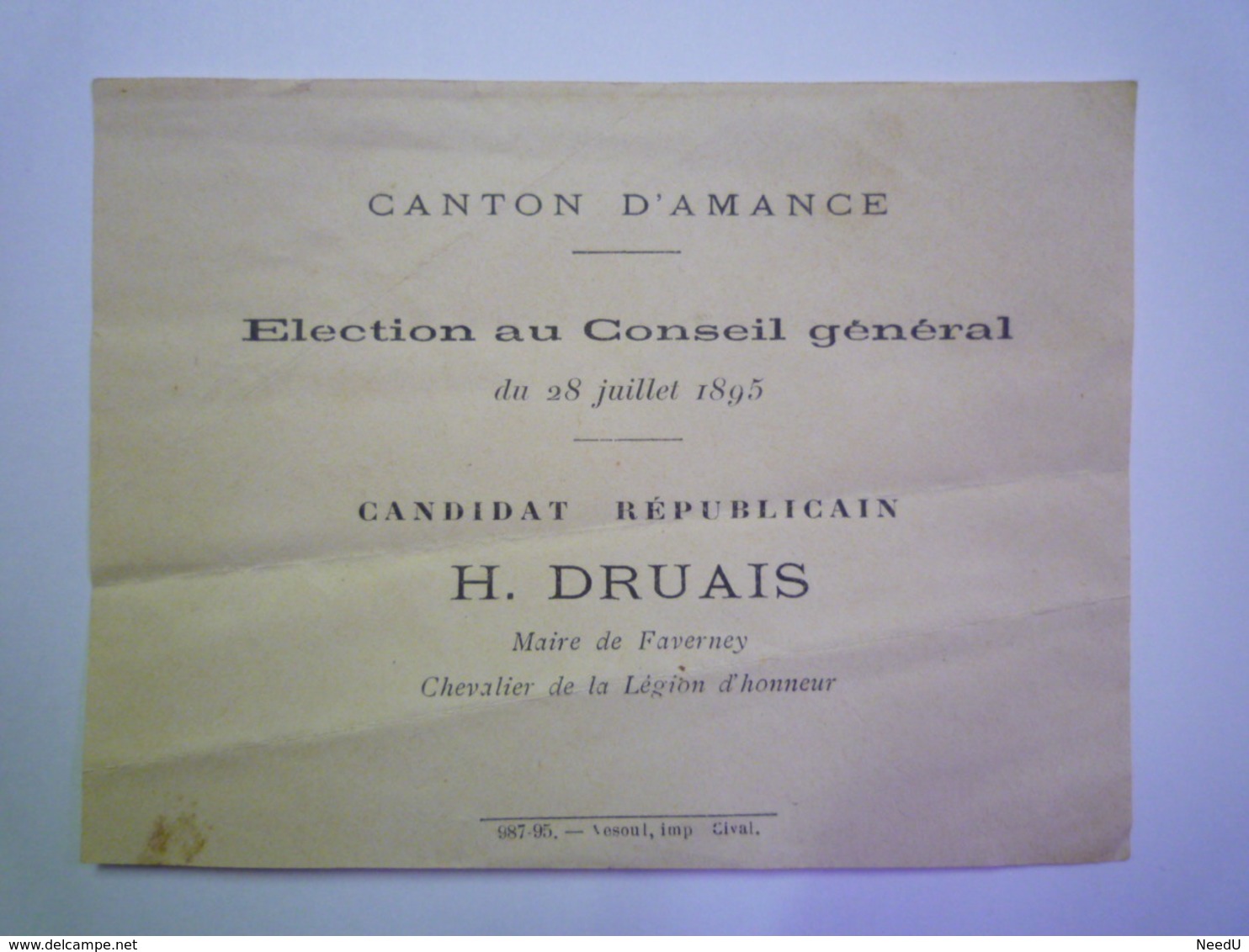 GP 2019 - 641  Election Au Conseil Général  BULLETIN De VOTE En Faveur De H. DRUAIS  Maire De FAVERNEY  1895    XXX - Non Classés