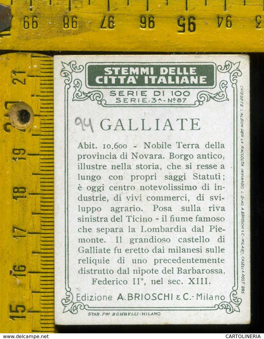 Figurina Brioschi Araldica Stemmi Città Italiane Serie 3 N°87 D Galliate - Altri & Non Classificati