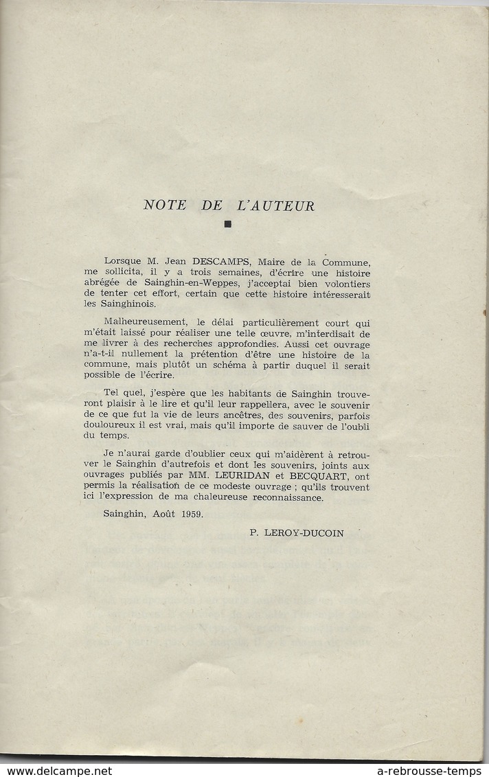 REGIONALISME- Nord- 59- édition 1959- Histoire Abrégée De SAINGHIN EN WEPPES Par Paul Leroy-Ducoin-imp. Planquart Lille - History