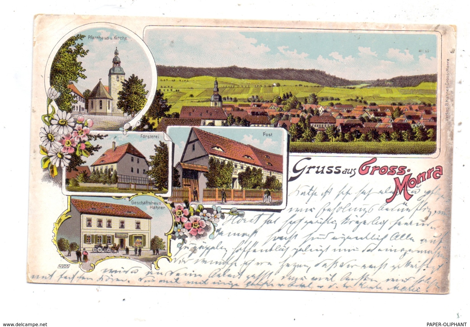 0-5234 KÖLLEDA - GROSSMONRA, Lithographie, Geschäftshaus Hähner, Försterei, Post, Pfarrhaus & Kirche, Gesamtansicht - Soemmerda