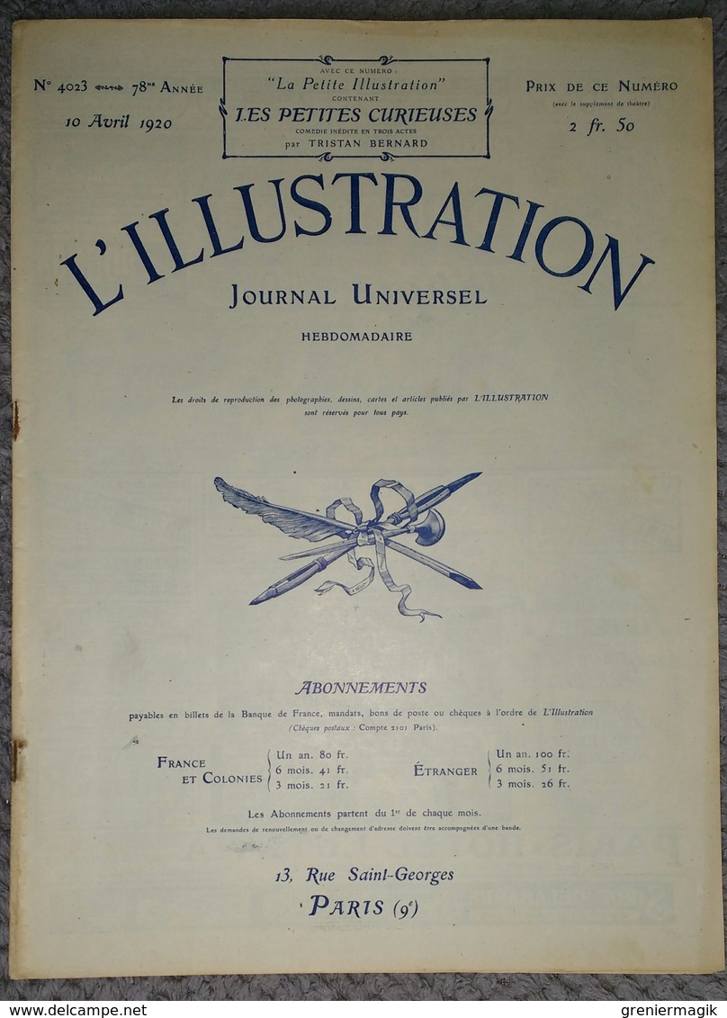 L'Illustration 4023 10 Avril 1920 Sarah Bernhardt/M. Deschanel à Nice/Rugby France-Irlande/Mode/La Mer Vue Du Ciel - L'Illustration