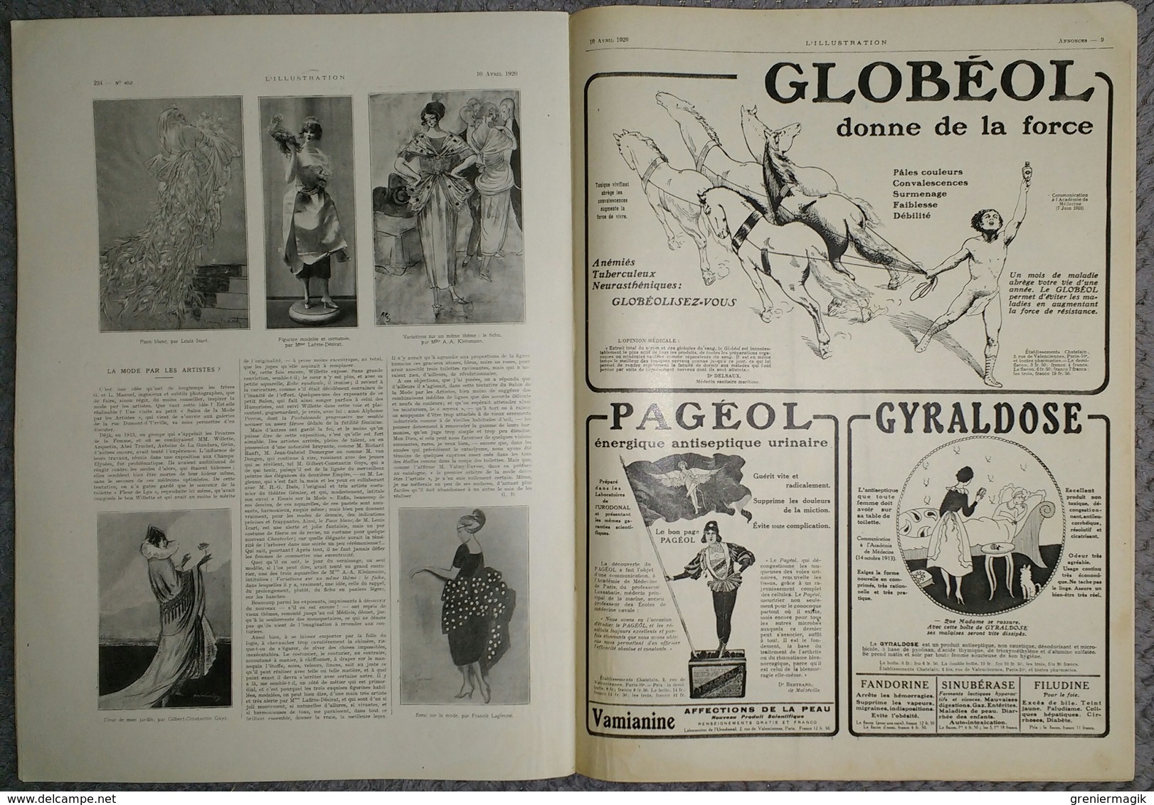 L'Illustration 4023 10 avril 1920 Sarah Bernhardt/M. Deschanel à Nice/Rugby France-Irlande/Mode/La mer vue du ciel