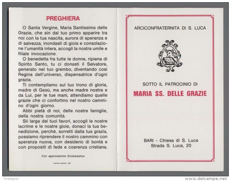 EM2013 MARIA SS. DELLE GRAZIE APRIBILE ARCICONFRATERNITA DI S. LUCA BARI Santino Holy Card - Religione & Esoterismo