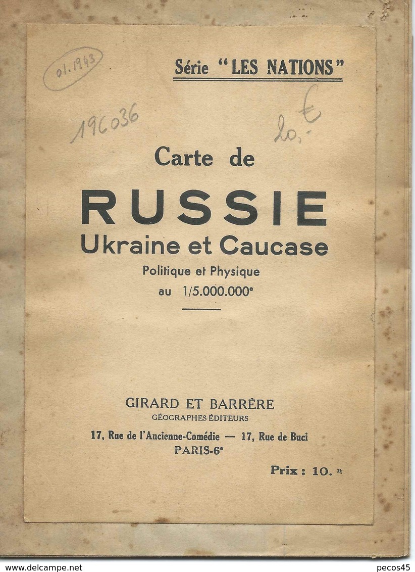 Carte Girard & Barrère : RUSSIE, UKRAINE Et CAUCASE - 1/5 000 000ème - 1943 - Cartes Géographiques