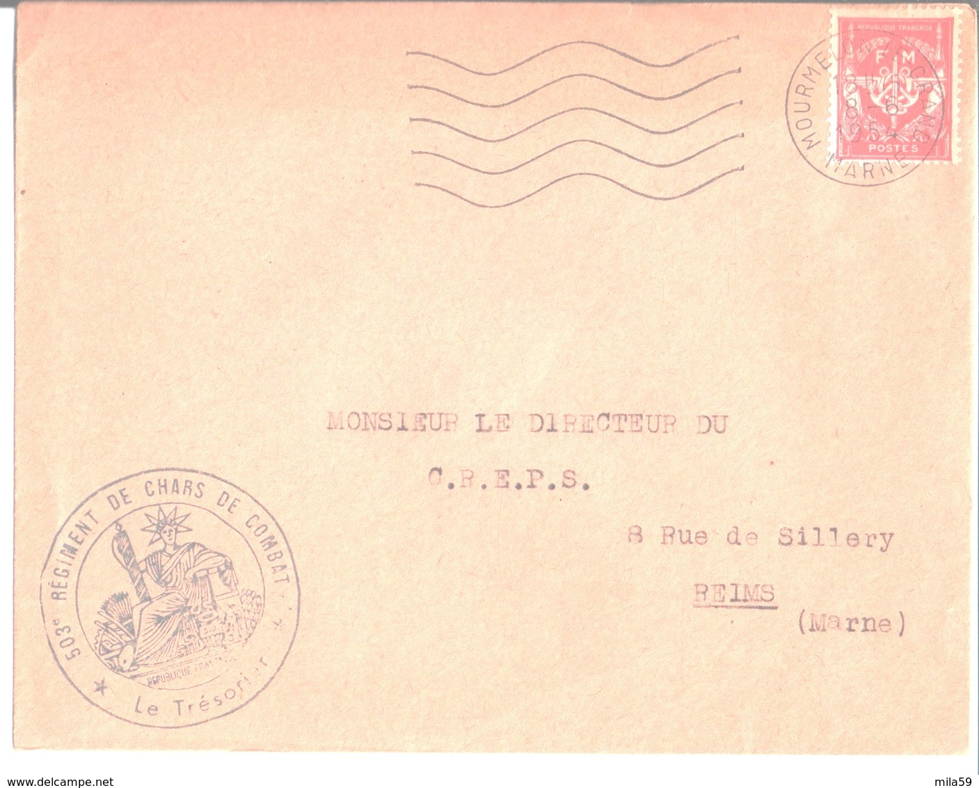 Cachet Du 503° Régiment De Chars De Combat. Le Trésorier. à M. Le Directeur Du C. R. E. P. S. à Reims. Mourmelon 1954. - 1900 – 1949