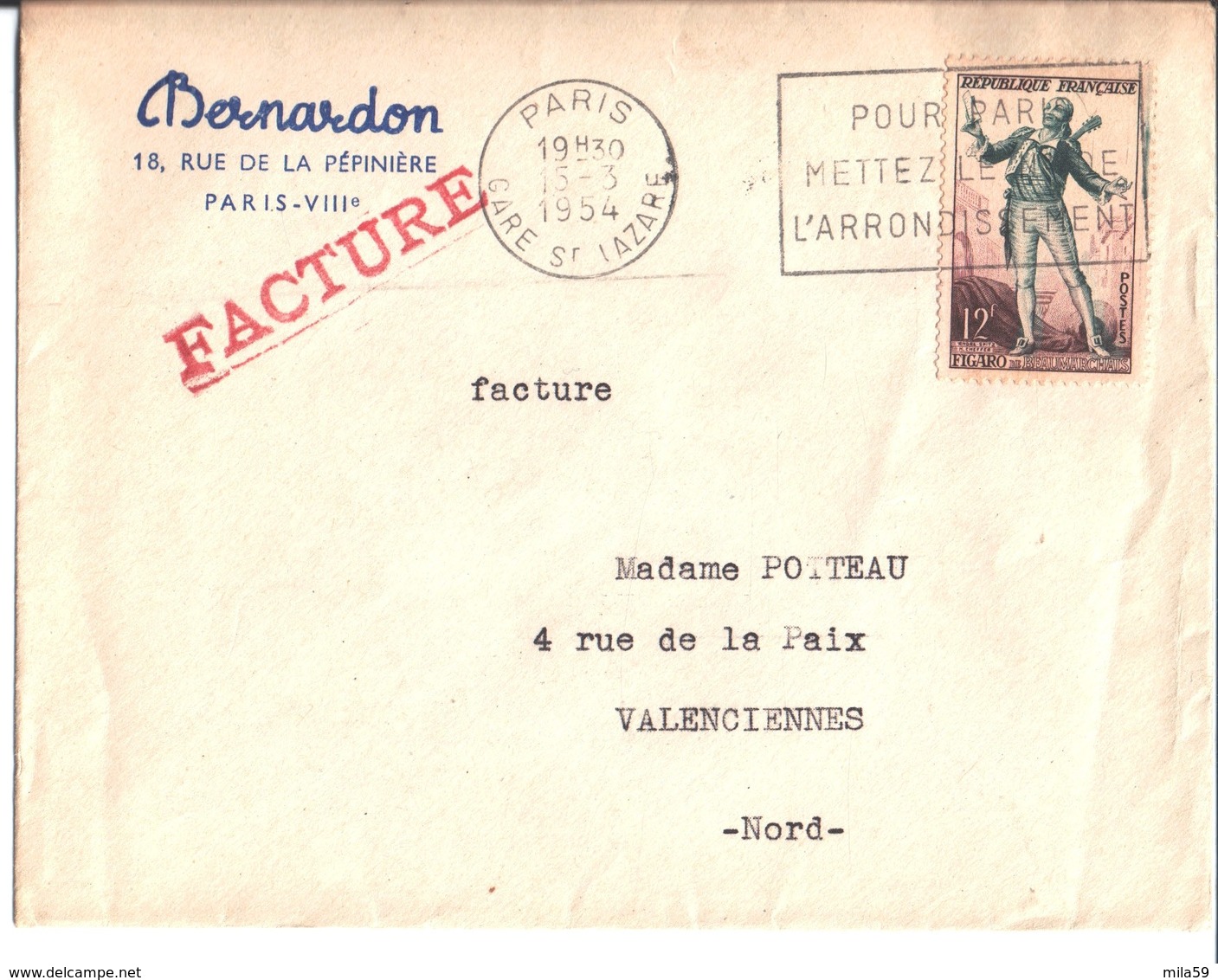 Bernardon. Paris 8°. à Mme Potteau Valenciennes. 15/03/1954. - 1900 – 1949