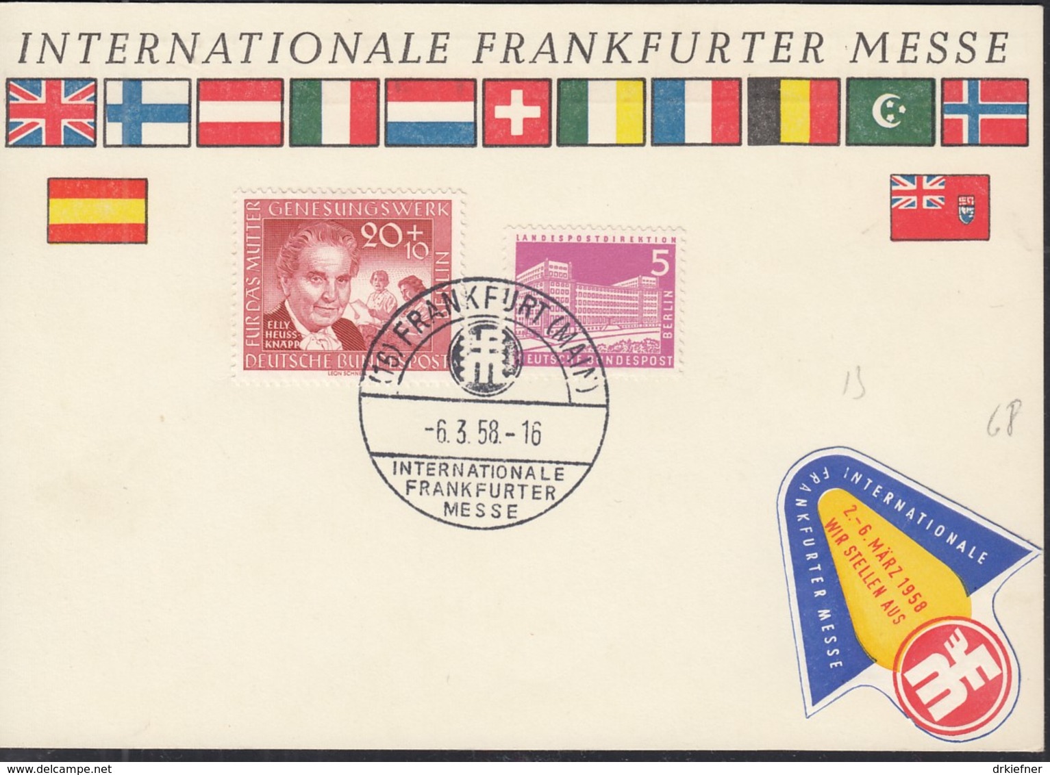 BERLIN   141, 178, Auf Sonderkarte Frankfurter Messe, Mit SoStempel: Frankfurt Int. F.Messe 6.3.1958, + Messe-Vignette - Briefe U. Dokumente