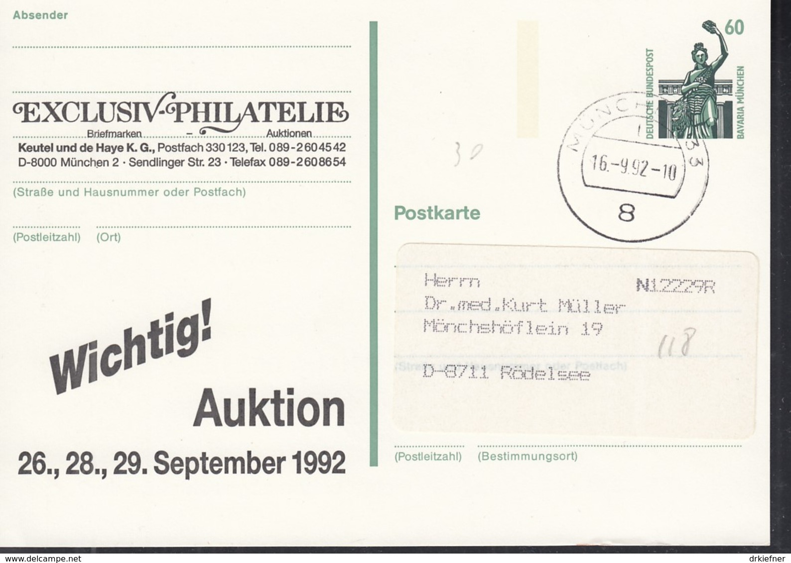 BRD P 144, Mit Privatzudruck Der Fa. Exklusiv-Philatelie München, Gestempelt: München 16.9.1992 - Postkarten - Gebraucht