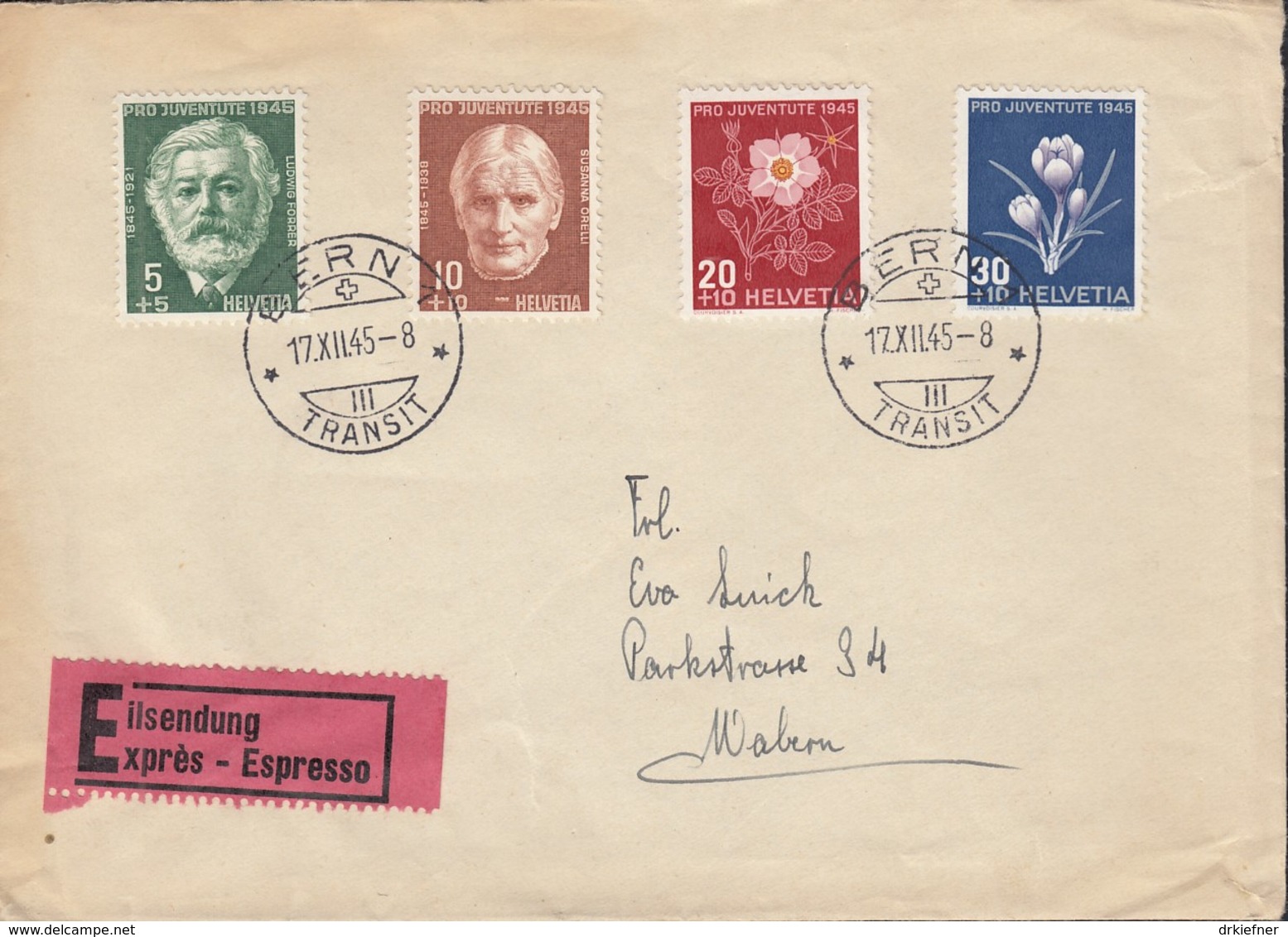 SCHWEIZ 465-468 MiF Auf Eil-Brief Mit Stempel: Bern 17.XII.1945 - Covers & Documents