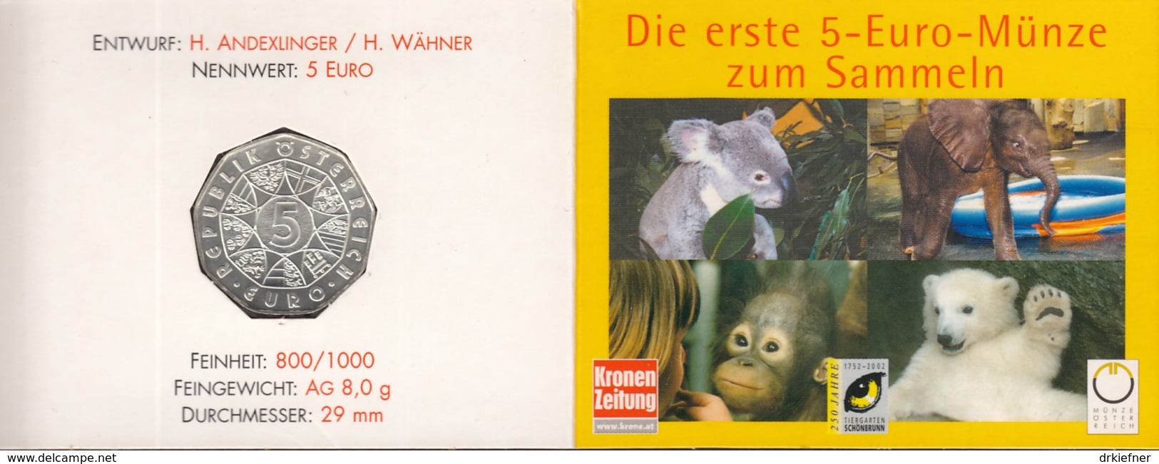 ÖSTERREICH 5-EURO-MÜNZE, 2002, Tiere Im Schönbrunner Tiergarten, Stempelglanz, Battenberg Nr. 291 - Autriche