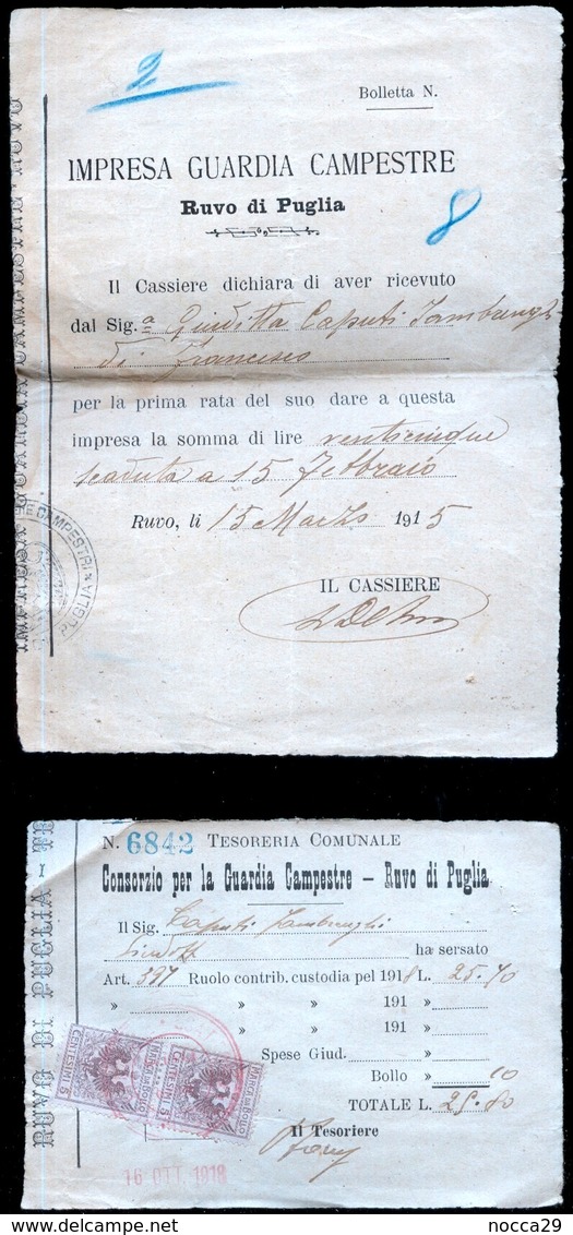 N° 2 RICEVUTE CANONE PER LA GUARDIA CAMPESTRE 1915 E 1918  RUVO DI PUGLIA - Italie