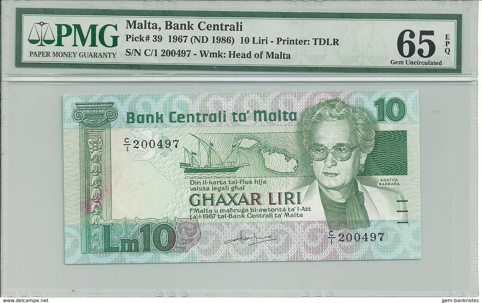 Malta 10 Liri 1967 (1986) P39 Graded 65 EPQ By PMG (Gem Uncirculated) - Malte