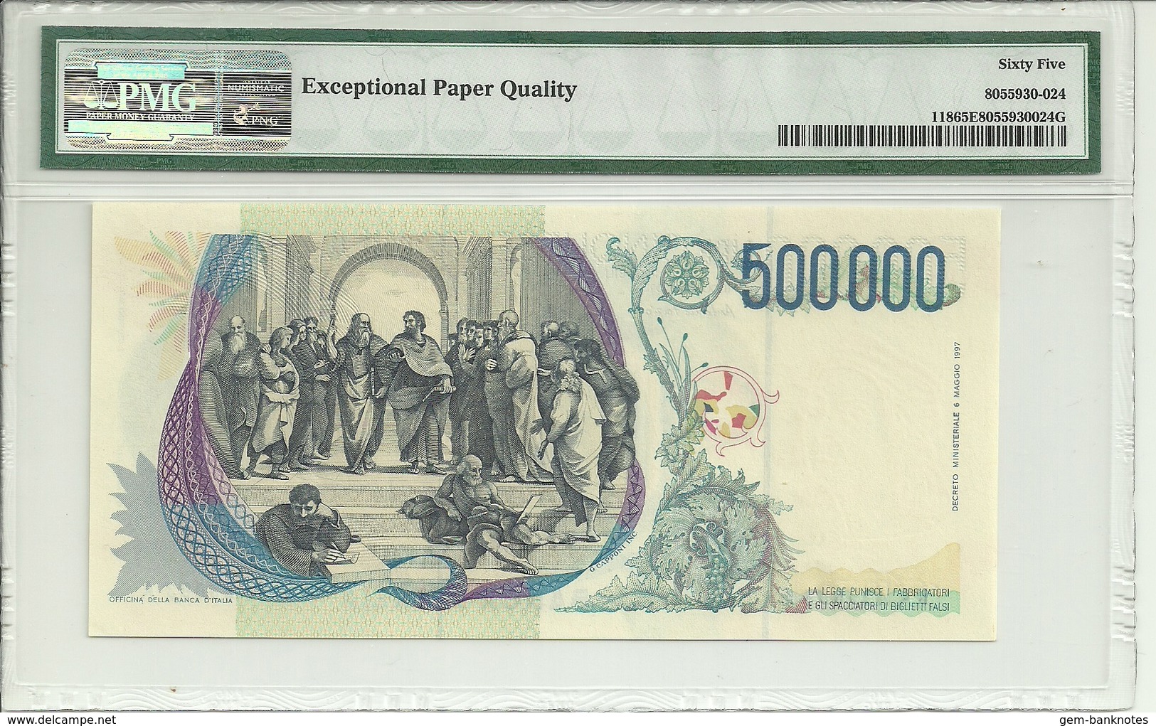 Italy 500000 Lire 1997 P118 Graded 65 EPQ By PMG (Gem Uncirculated) - 500000 Lire