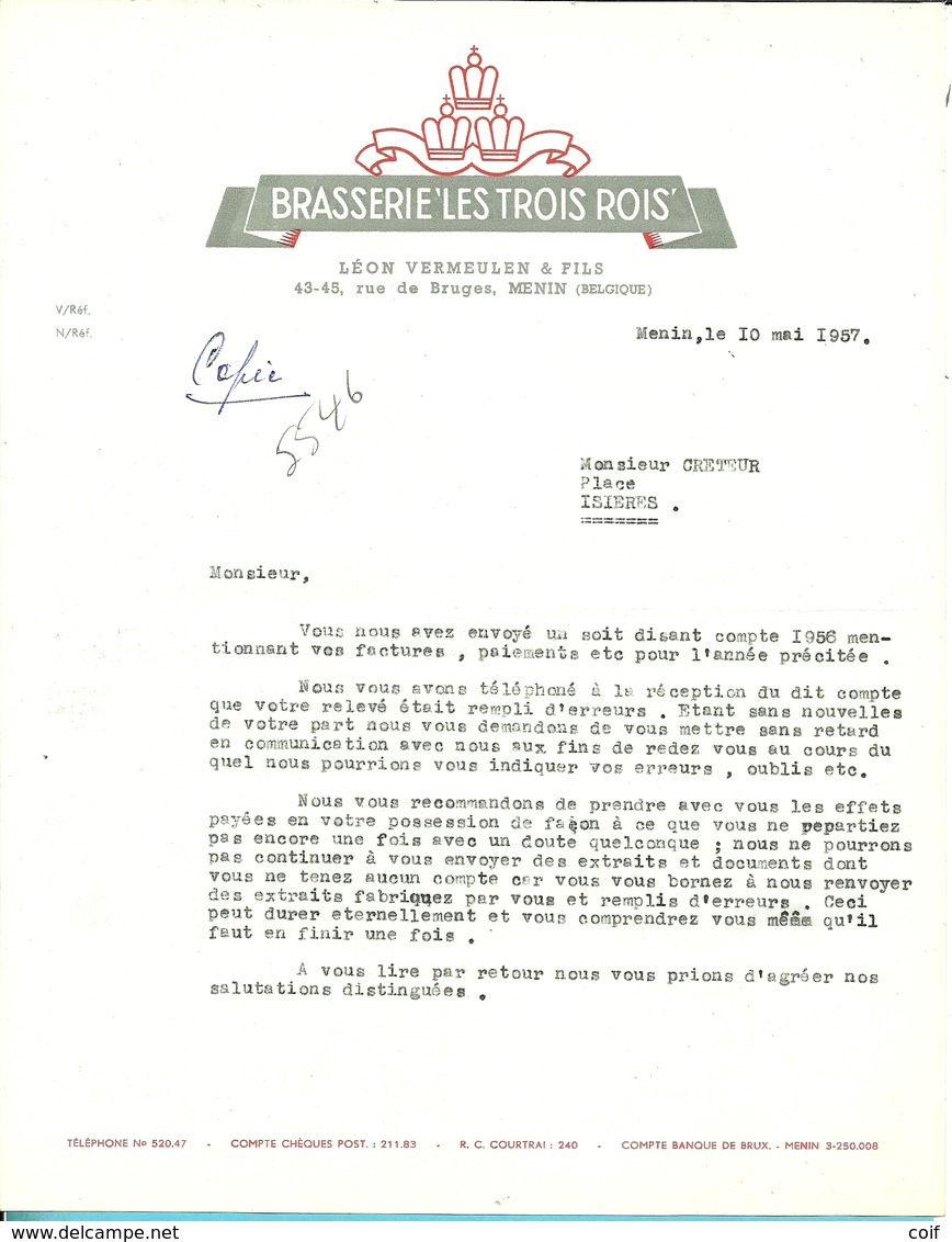 BRASSERIE LES TROIS ROIS / MENIN  1957 - Alimentare