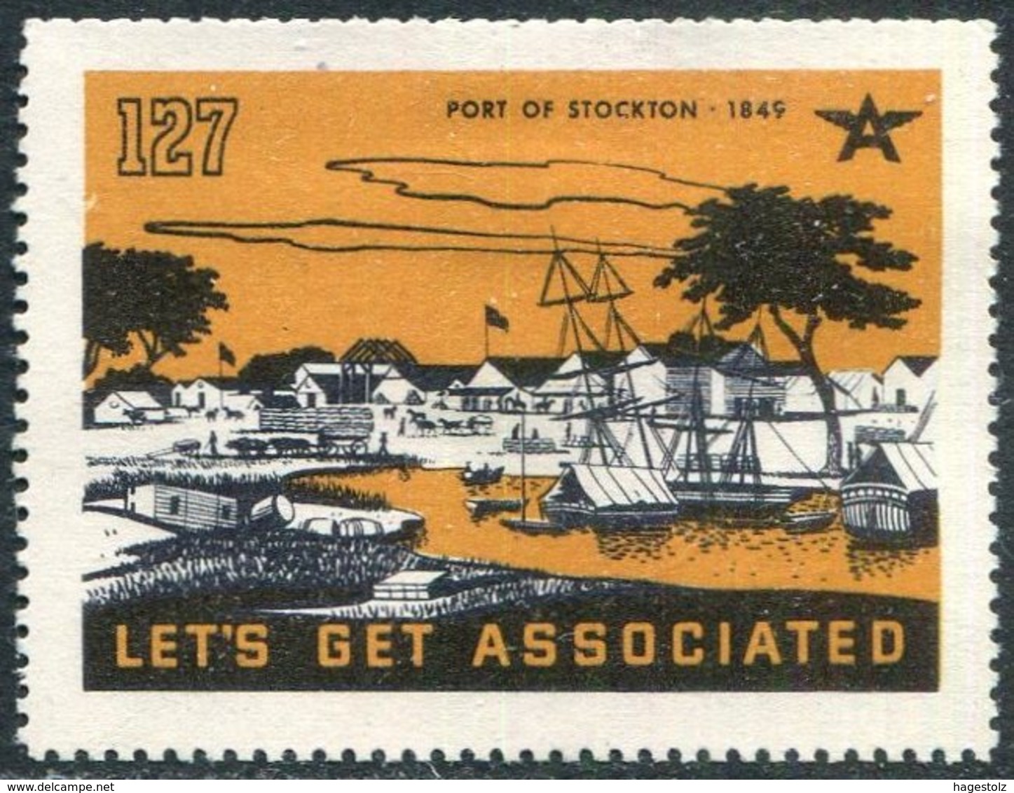 USA History 1849 Port Of Stockton #127 Sailing Ship Segelschiff Voilier Boat Boot Ox Horse Vignette Poster Reklamemarke - Schiffe