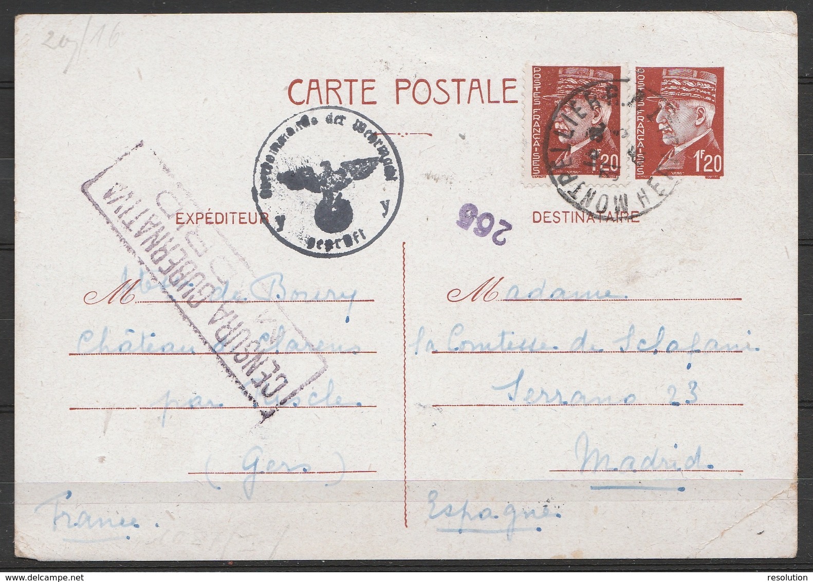 CP Pétain 1f20 + 1f20 Càd MONTPELLIER /31-3-1943 Pour MADRID - Cachets Censure Allemande & Espagnole [CENSURA GUBERNATIV - Guerre De 1939-45