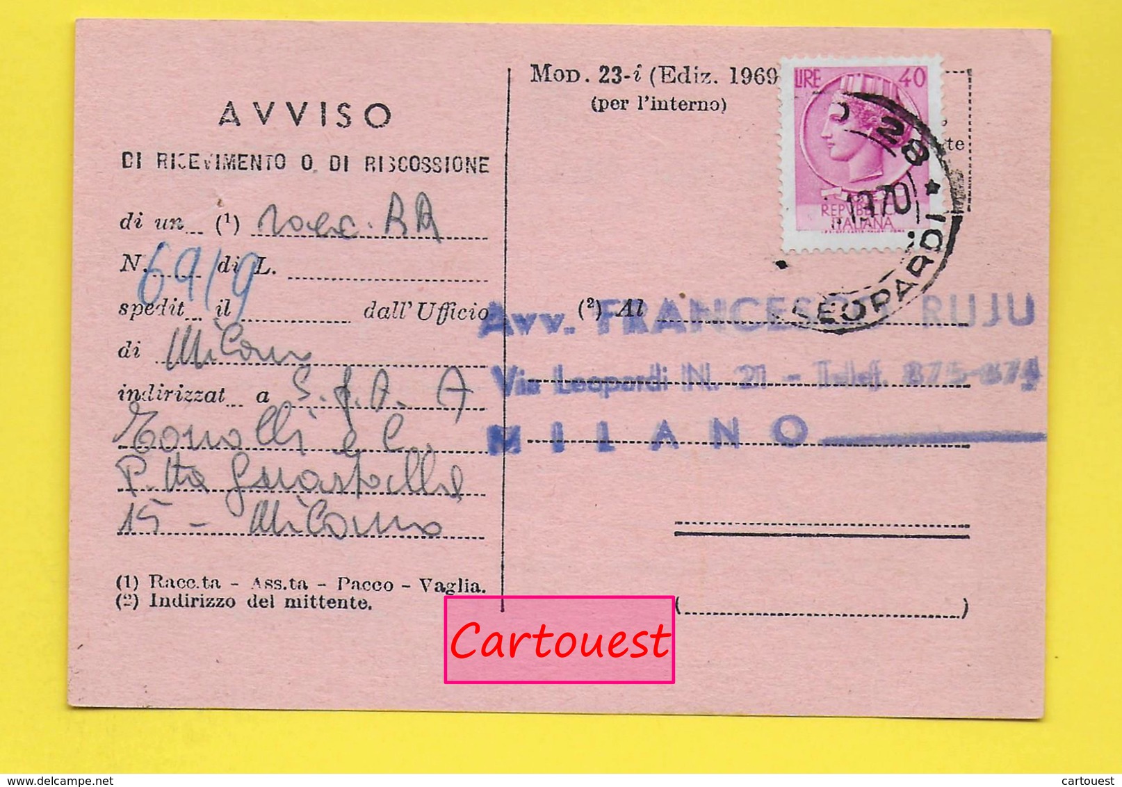 ♥️ ♥️☺♦♦ Amministrazione Delle Poste Telegrafi 1970  Lire 40 Avviso Di Ricevimento - Non Classés