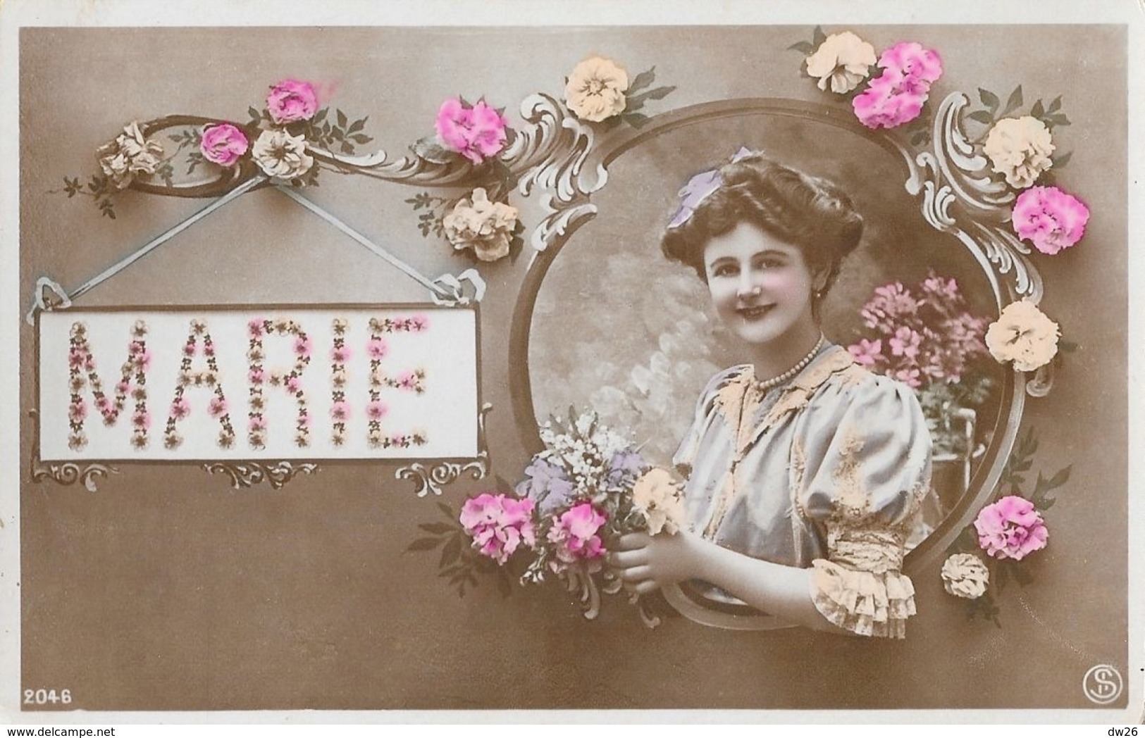 Prénom Marie - Médaillon Avec Roses - Carte Colorisée S.I.P.O. N° 2046 - Prénoms